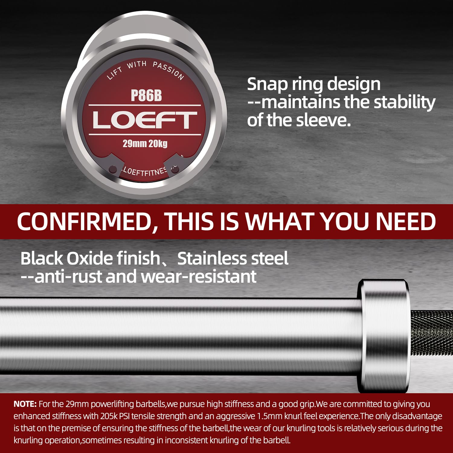 LOEFT Professional Powerlifting Barbell, 7ft 20KG 29MM Olympic Powerlifting Barbell with Aggressive Knurling, 2000 lbs Capacity 205K PSI Weight Bar Fit 2