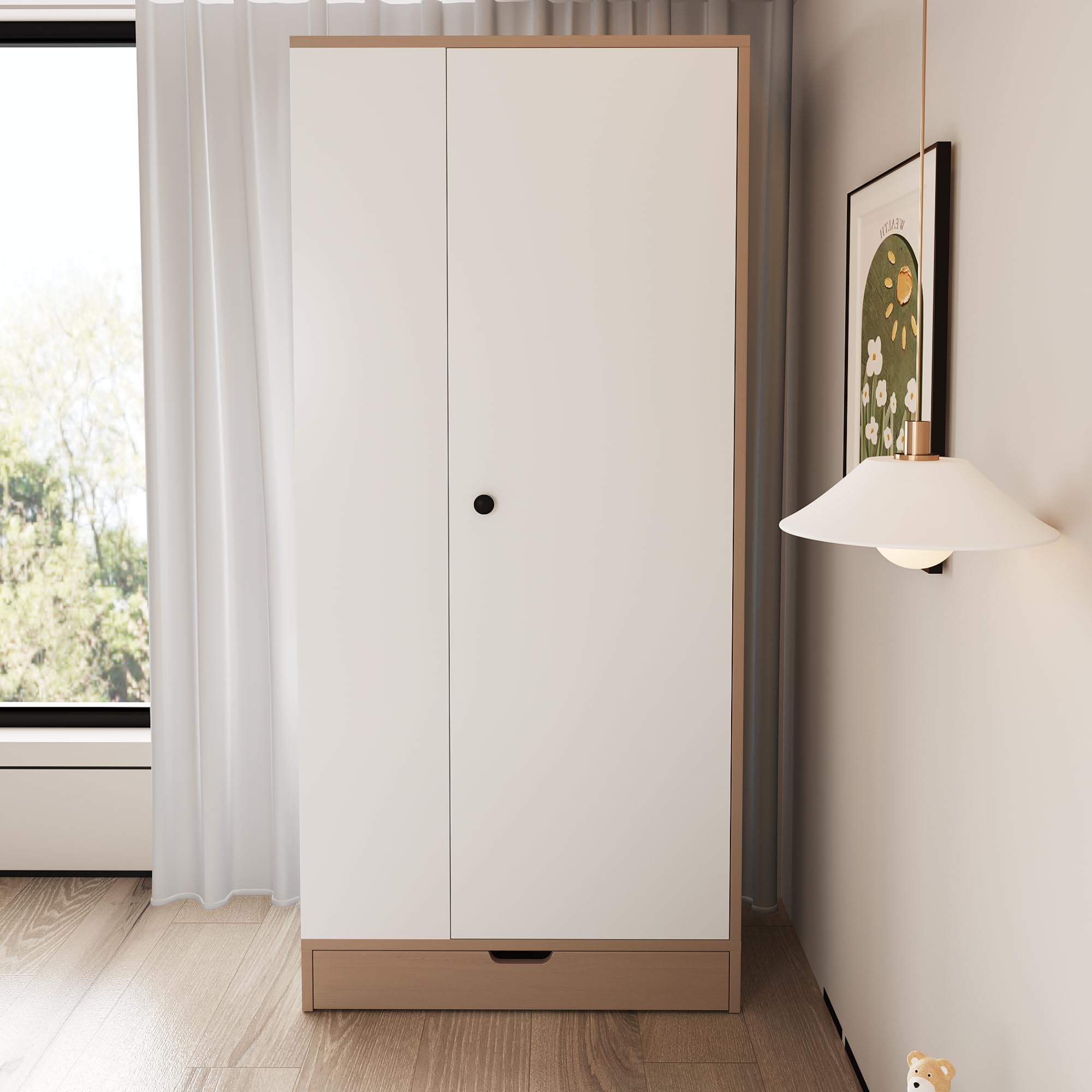 Armario 70 x 40 x 170 cm, acabado de una puerta, con estantes y cajones (color madera natural + blanco)