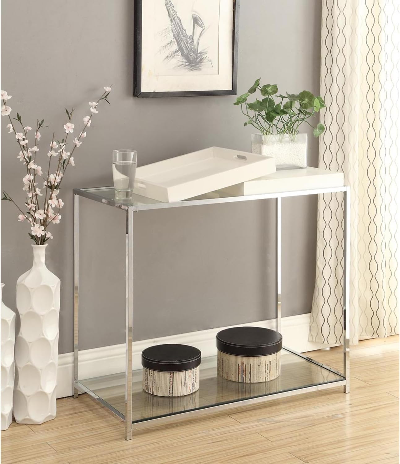 HomeStock Tuscan Temptations Console Table with Removable Reversible Trays, Clear Tempered Glass Top, and Chrome Plated Steel Frame, 30" H x 34.75" L x 18" W