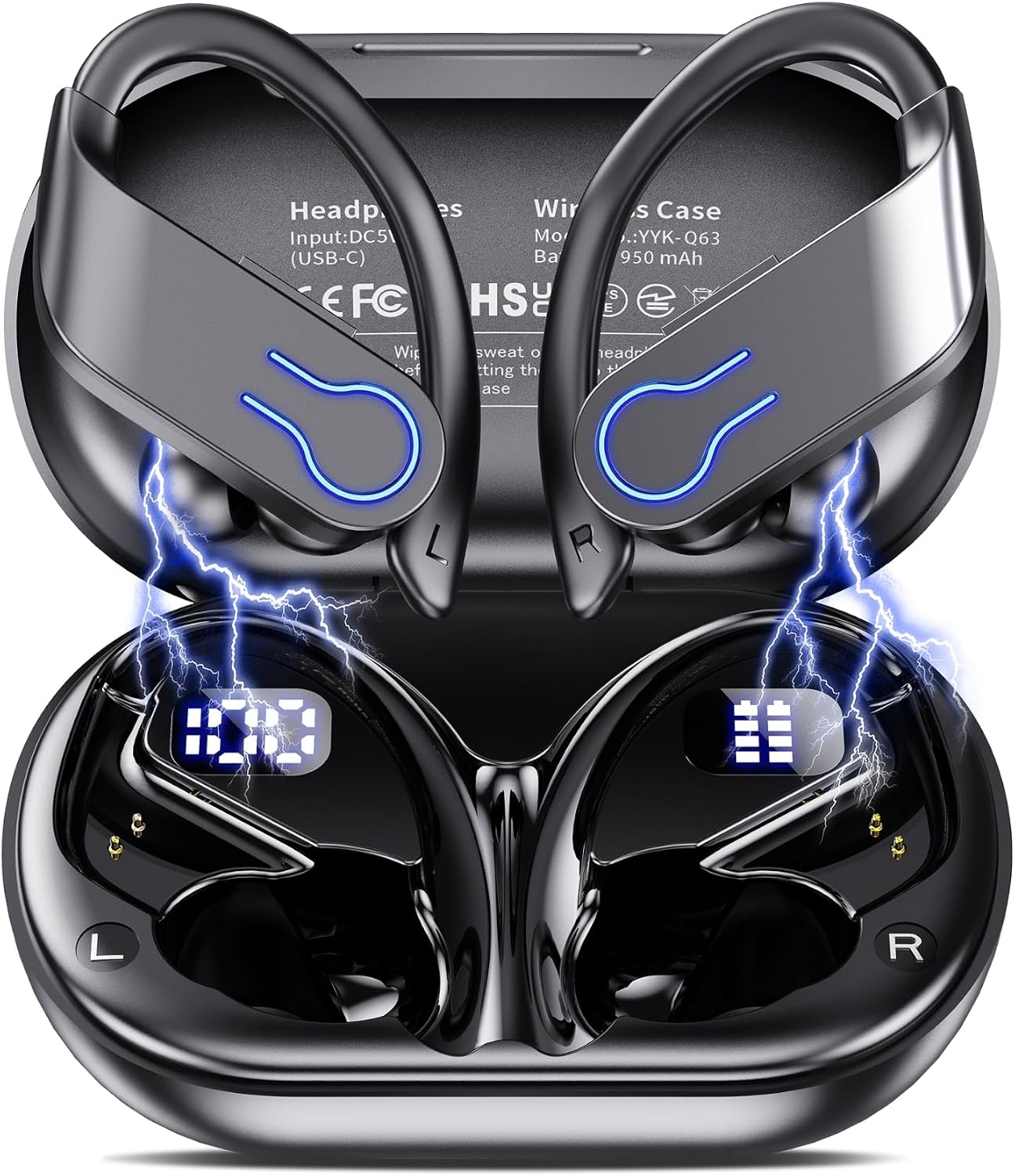 True Wireless Earbuds Bluetooth 6.1, Over the Ear Earbuds with Earhooks 120H Playtime Wireless Headphones LED Display Audifonos Inalambricos Bluetooth Headphones for Running Gym Workout (Black)