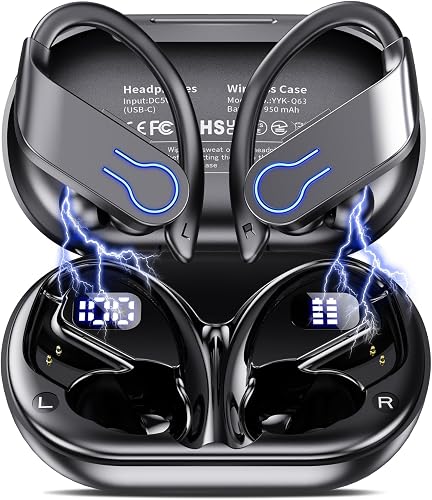 True Ear Buds Wireless Bluetooth 6.1, Over the Ear Earbuds with Hooks 120H Playtime, Noise Cancelling Earbuds Dual LED Display, Audifonos Inalambricos Bluetooth Headphones for Running Gym Workout