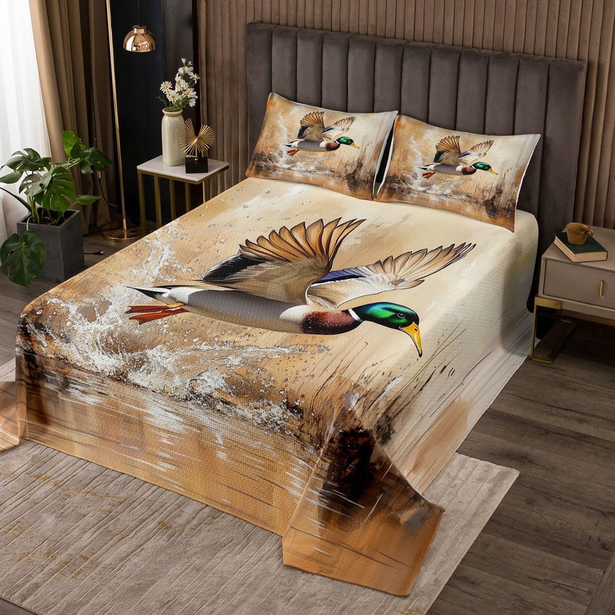 Loussiesd Copriletto trapuntato per bambini, motivo anatra, per letto king size, con motivo a caccia di anatre, per camera da letto delle ragazze, traspirante, morbido e leggero, in microfibra, per