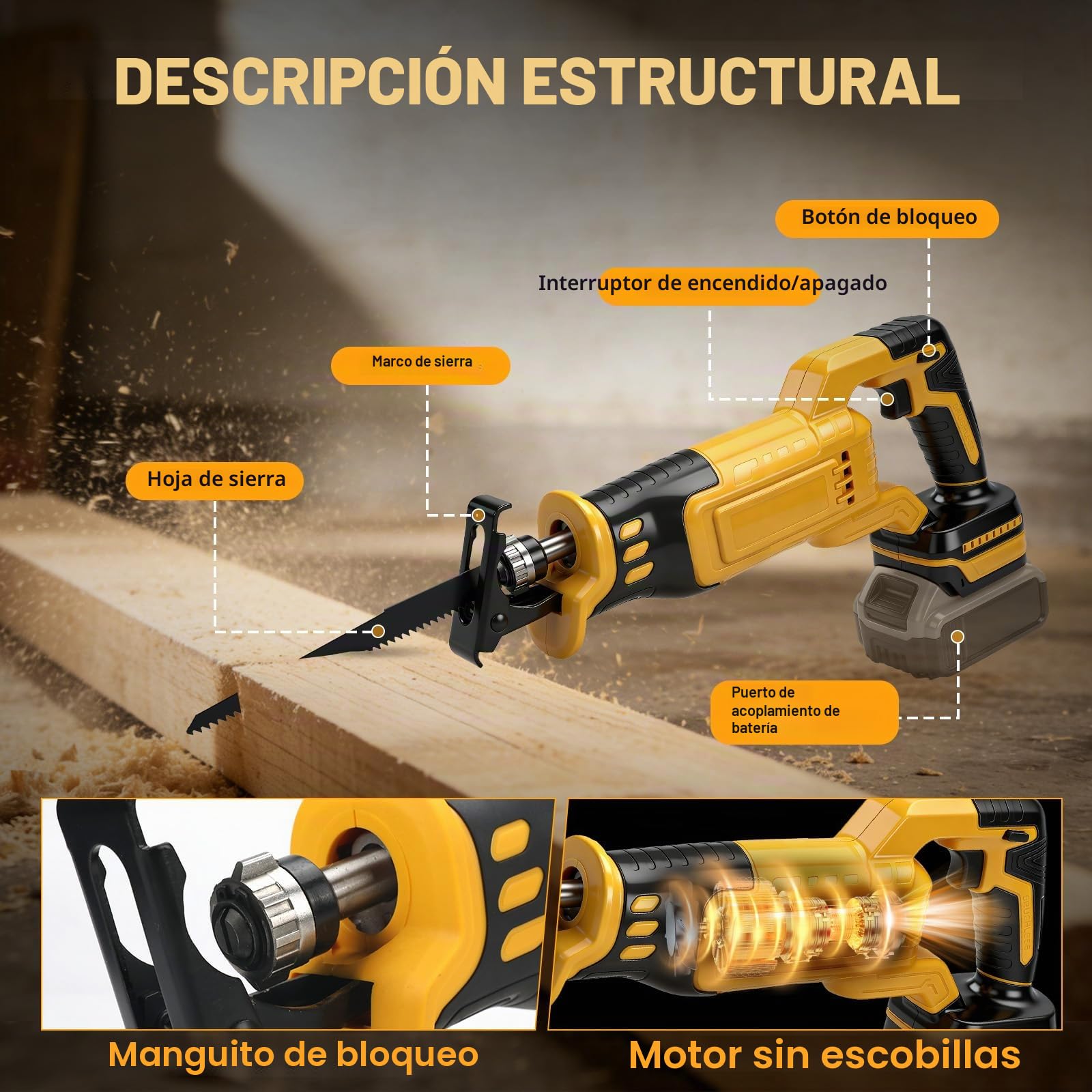 Roadtime Sierra Sable Inalámbrica para DeWalt 20 V baterías (sin batería) | motor sin escobillas 0-3200 RPM Sierra Electrica de Velocidad Variable, con 8 Cuchillas para Cortar PVC/Madera/Metal