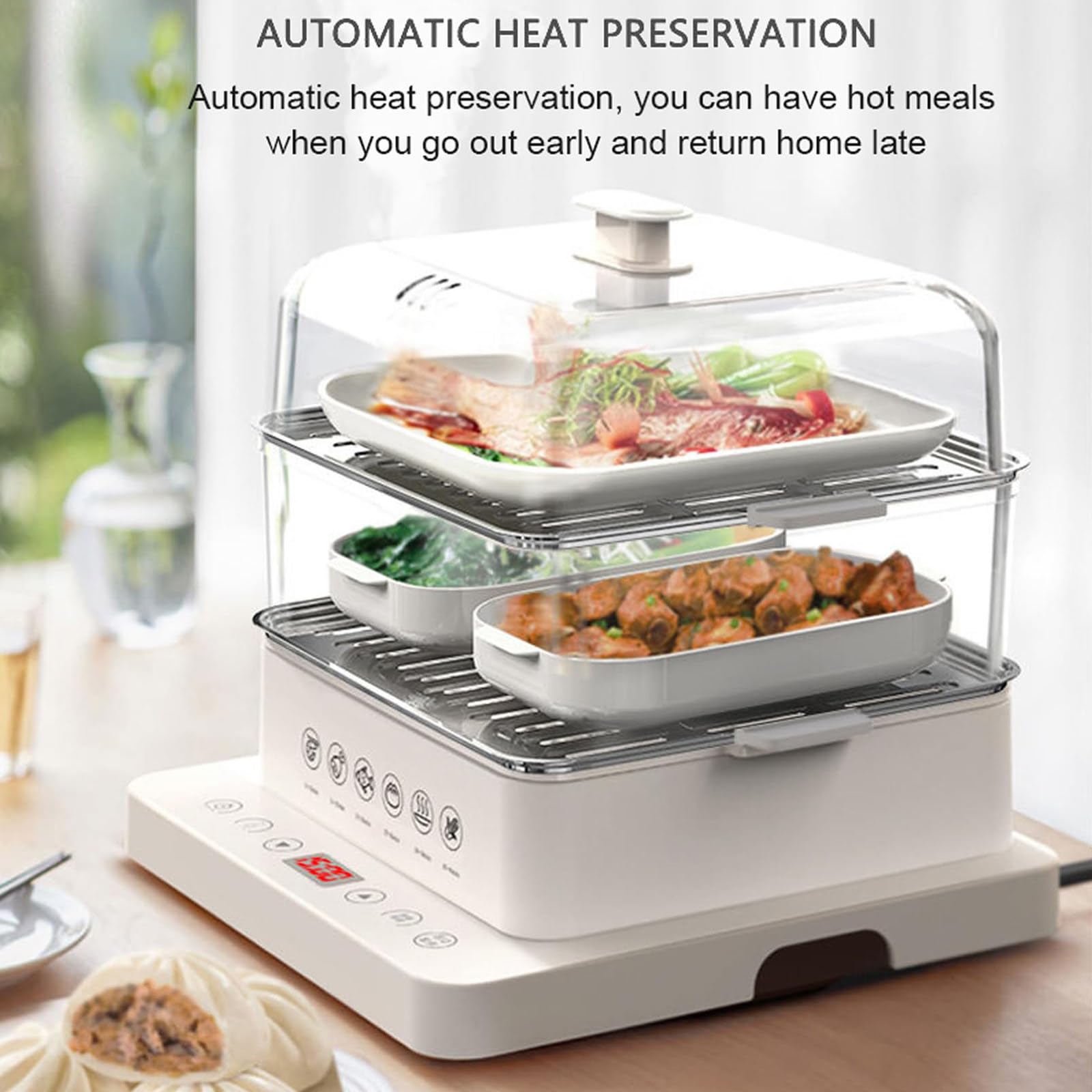 Vaporiera (40 L), Vaporiera Elettrica Con Ciclo A Vapore A 360°, Vaporiera Rimovibile A 3 Livelli + Pieghevole Da 800 W + Prenotazione 12 Ore + Anti-Bruciatura Secca, Per Verdure