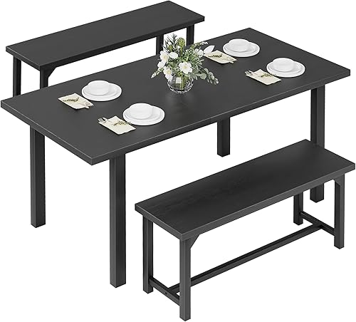 Miniatura 8 de Juego de 3 mesas de comedor extensibles de 63 pulgadas para 4-6 personas con 2 bancos, mesa de cocina moderna de mediados de siglo para espacios