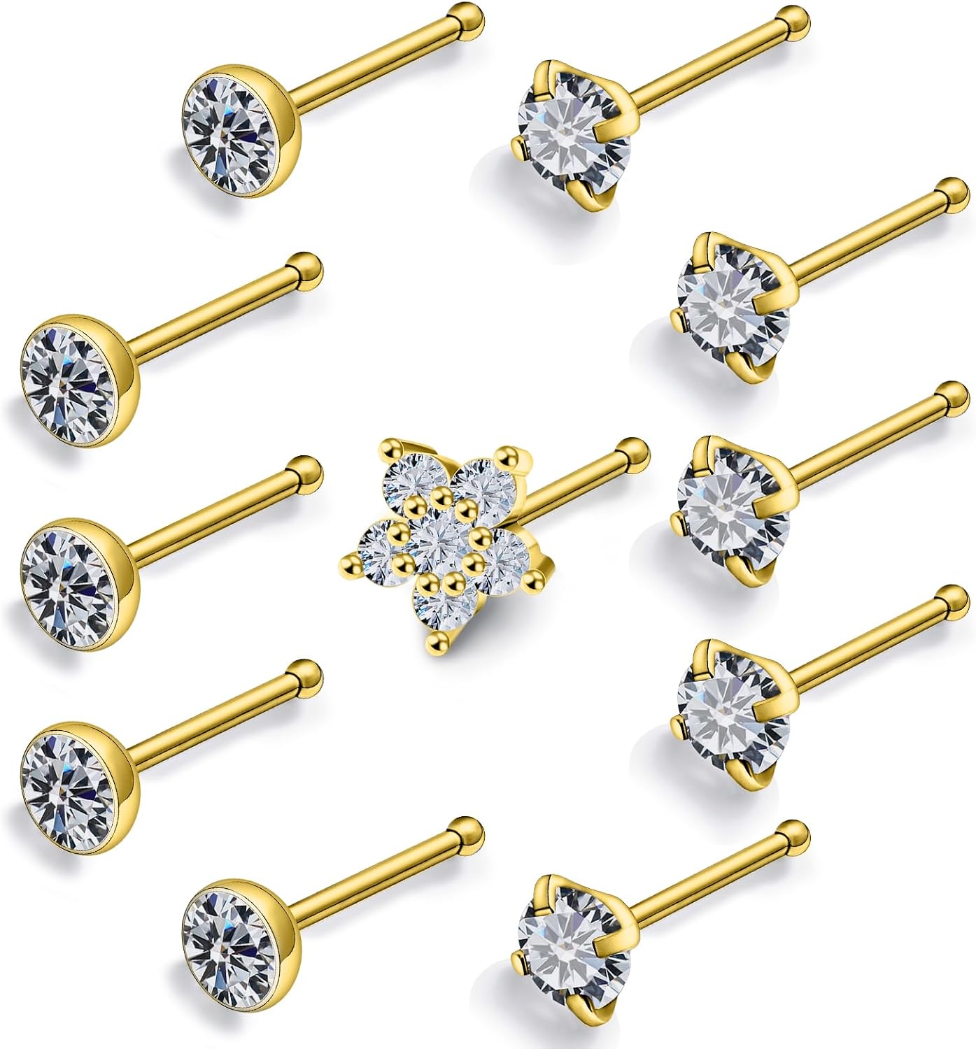 Prjndjw 20G Big Nose Stud Large Nose Studs Surgical Stainless Steel Straight Nose Studs 4mm CZ Paved CZ Nose Rings with 6-CZ Flower Ring for Women Men 11 Pieces