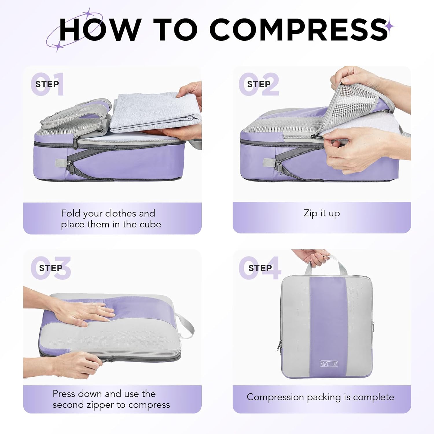 8 Set Compression Packing Cubes for Travel Essentials,Compressible Expandable Packing Cubes for Suitcase,OlarHike Luggage Organizer Bags for Travel,Handy Helper for Organizing Clothes(Purple Gray) - Image 3