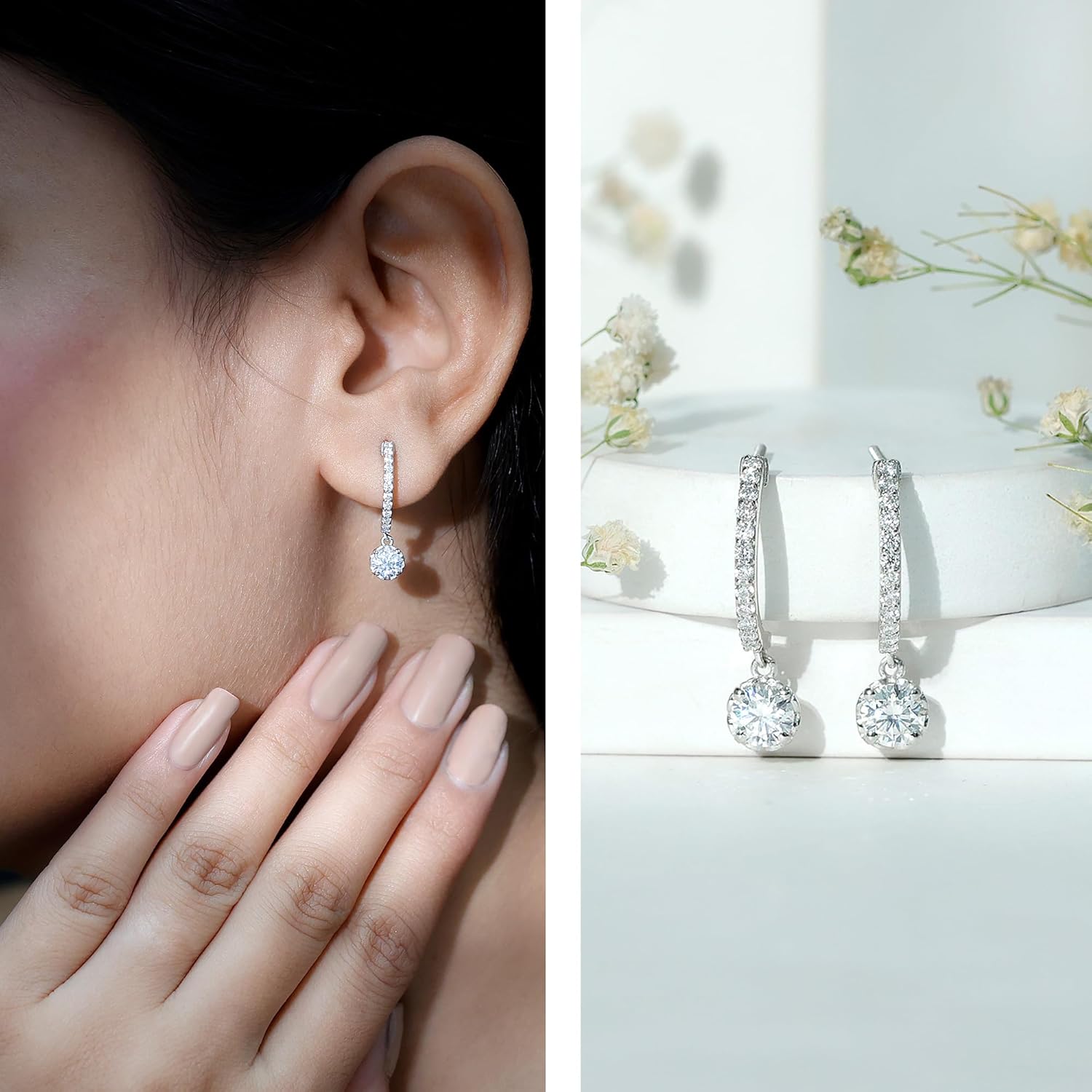 Certified 1 Carat Moissanite Dangle Earrings in Silver, D-Vs1 Quality, Moissanite Hoop Earrings (Ideal For Gift) - Image 2