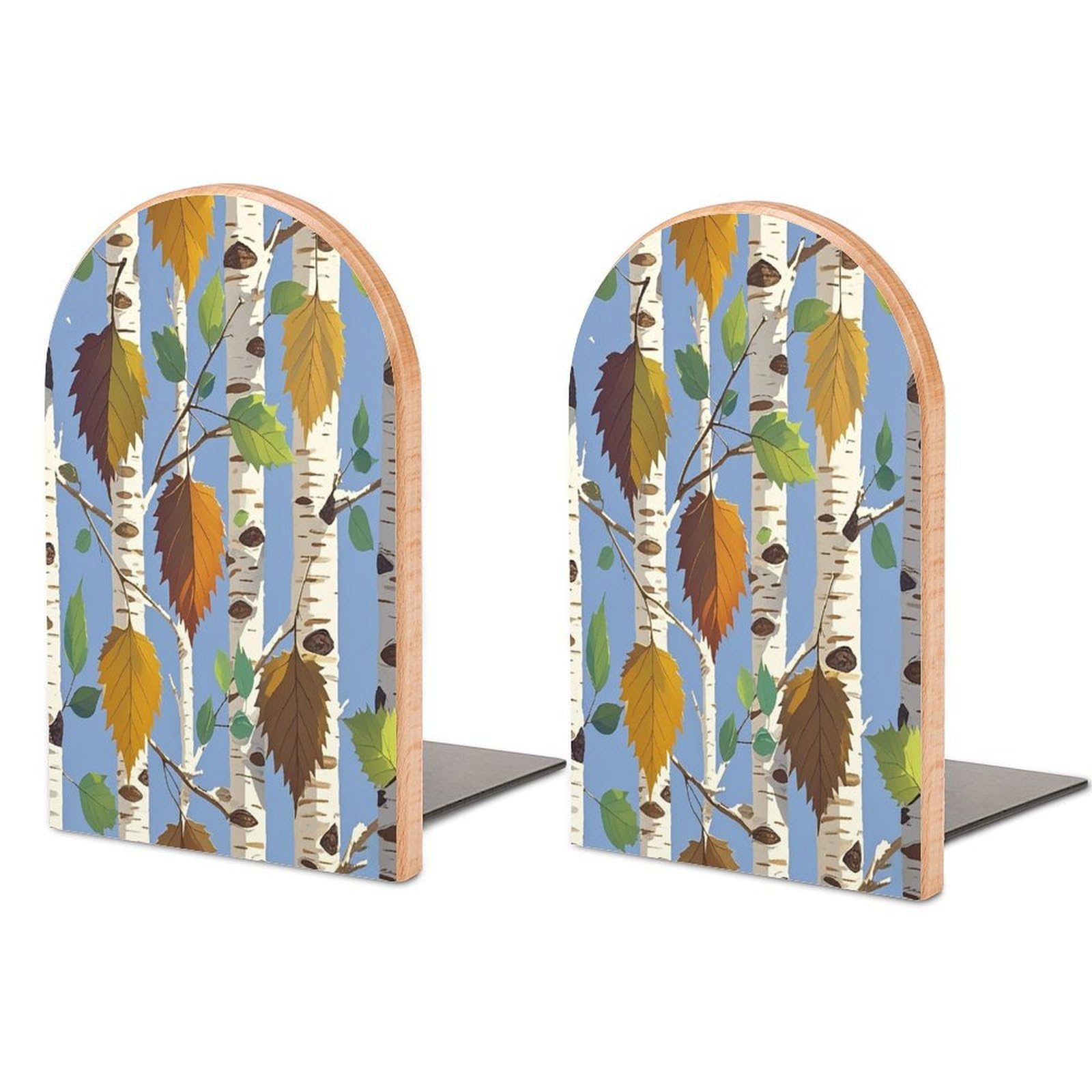 Birch Leaves Bookend for Shelves Wooden Book End Sturdy Book Holders Stoppers with Metal Base for Bookshelves Slick Decorative Bookends Stands