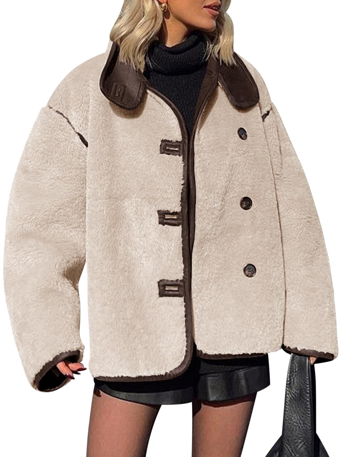 Tankaneo Womens Faux Fur Jackets Warm Winter Casual Button Down Stand Collar Long Sleeve Shaggy Outwear Coats