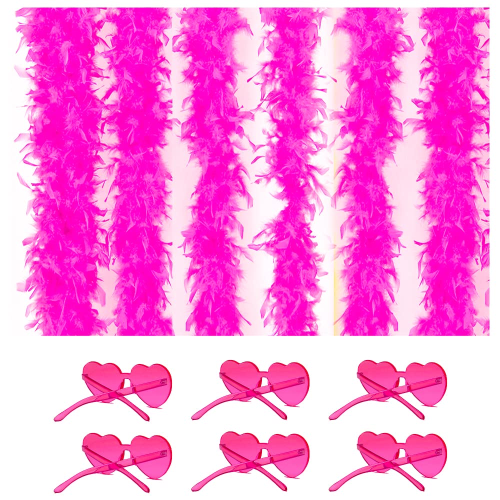Colored Feathers 6 Pcs Flapper Colorful Feather Boas 6.6ft for Party with Frameless Sunglasses Party Favor Carnival