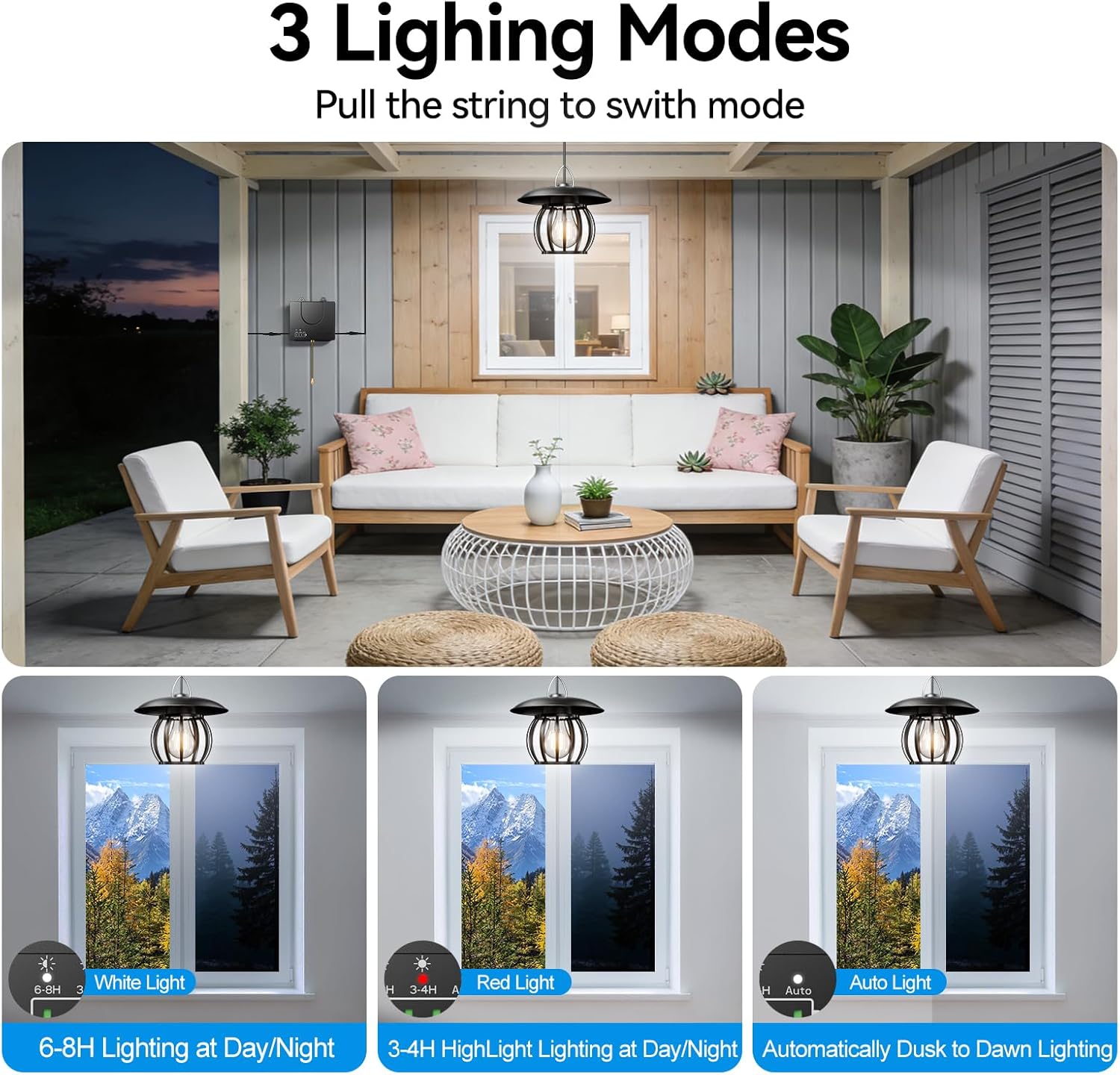 Solar Shed Light Pendant Light Pull wire Chandelier Auto Dusk to Dawn Solar Light Indoor Outdoor with 3 Lighting Modes for Barn, Patio, Garden, Yard, Gazebo,Tent,Chicken Coop, Bullpen Pig Pen Stables
