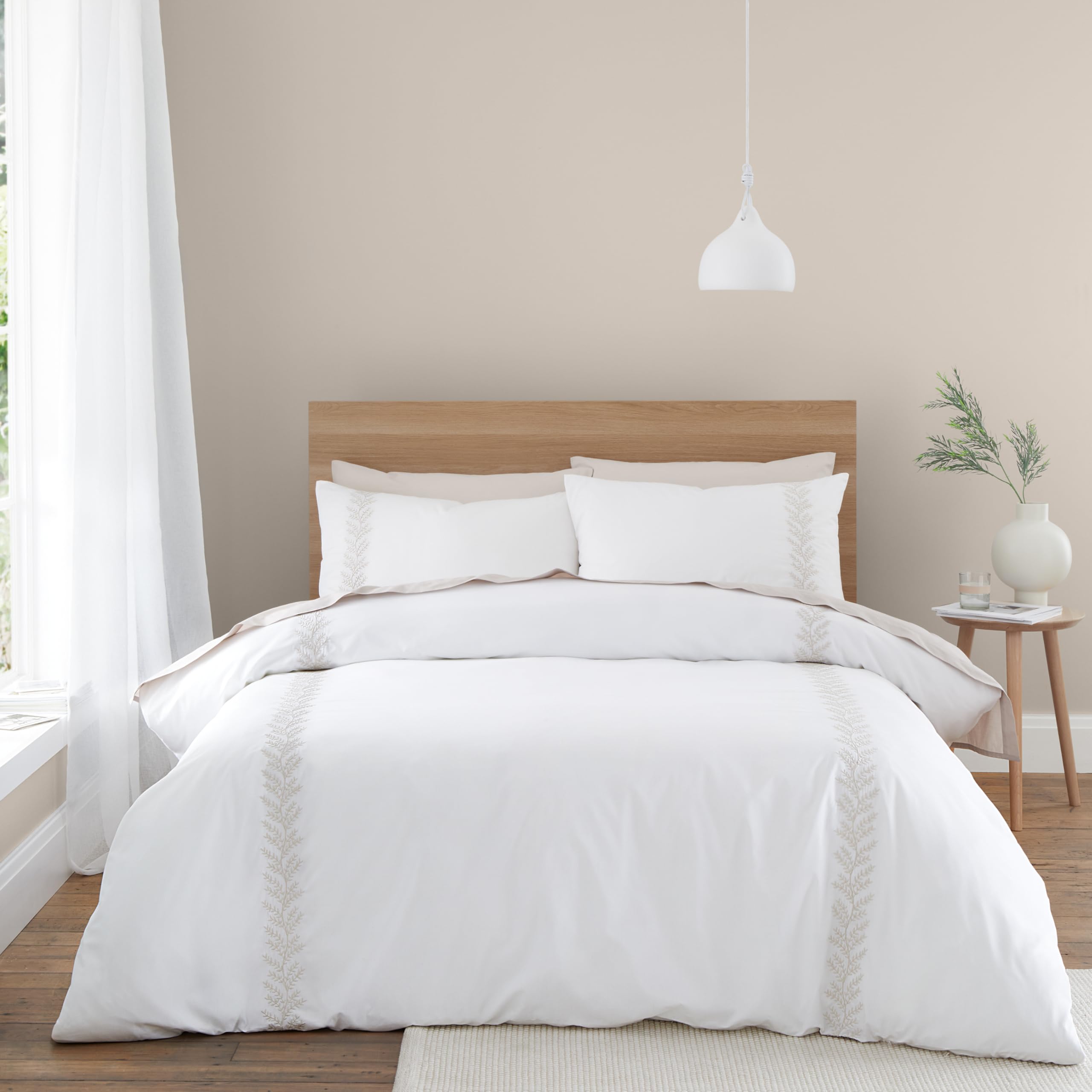 Bianca Embroidery Leaf 180 Thread Count Cotton King Duvet Cover Set with Pillowcases Natural