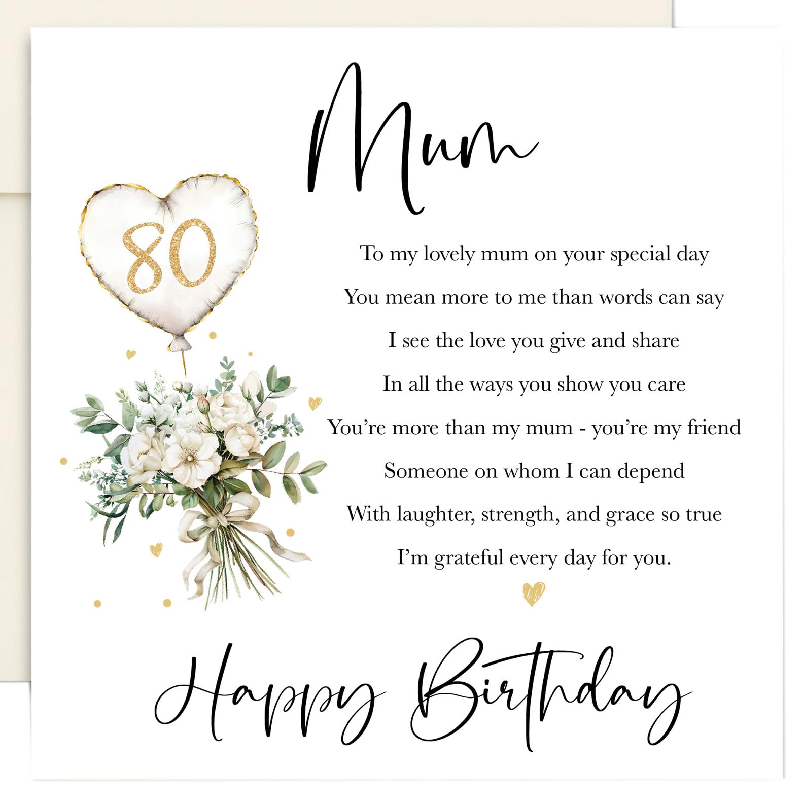 80th Birthday Card for Mum - Original Poetry Keepsake Card, Premium Linen, Blank Inside, Luxury Ivory Envelope