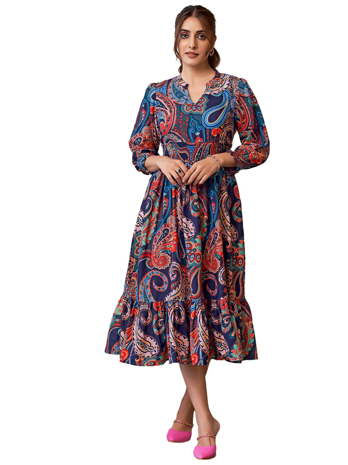 Selvia Western Dress For Women| Printed 3/4 Sleeve Rayon Blend Western Dress For Women | V-Neck A-Line Dress For Women | One Piece Dress For Women (612Dtk7685N-Xl_Multi) Multicolour