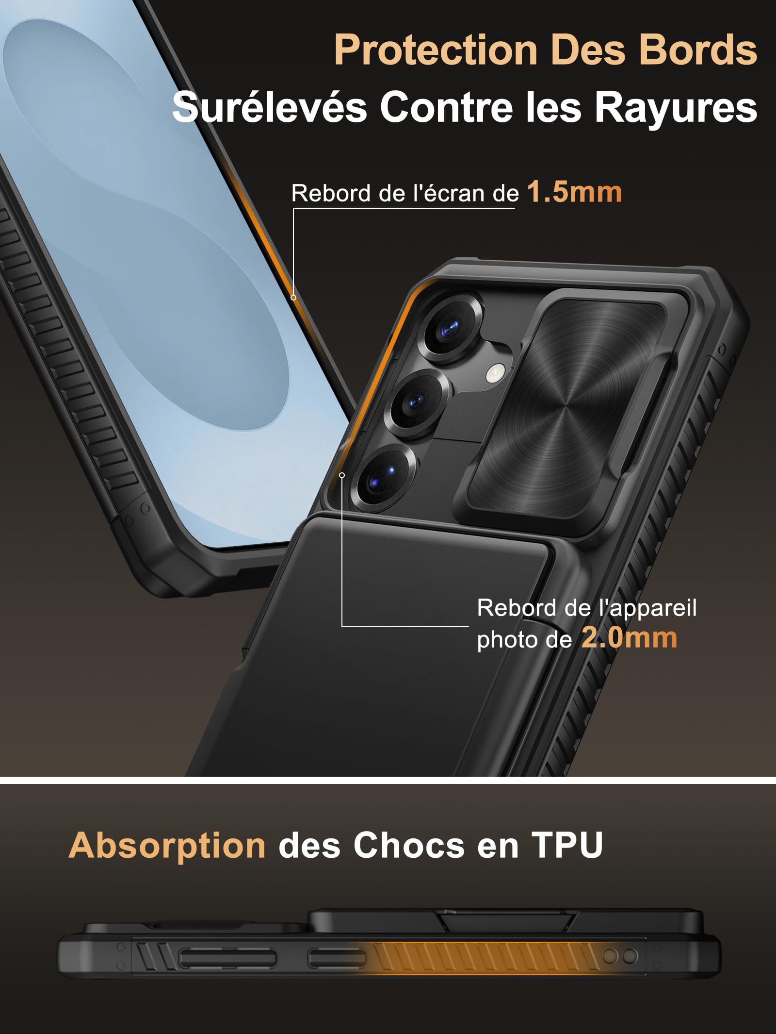 Vihibii Etui do Samsung Galaxy S25 z miejscem na karty (4 karty) [blokada RFID] i suwakiem ochrony aparatu, ochrona wojskowa, odporne na uderzenia i zarysowania, wytrzymałe etui ochronne do Samsung