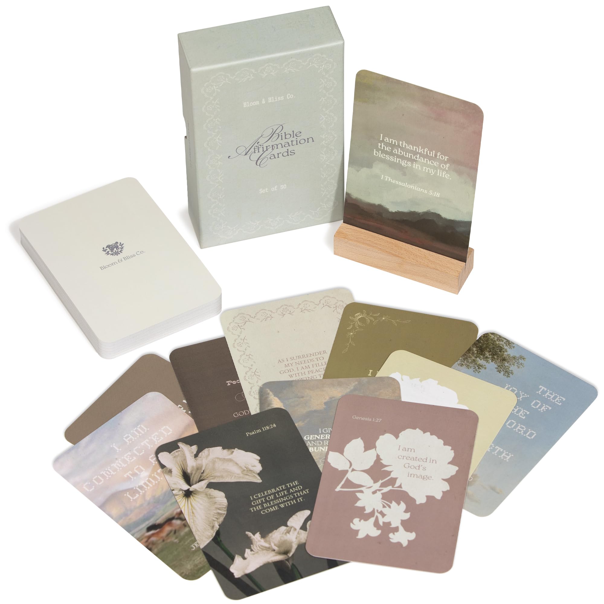 BLOOM AND BLISS CO. Positive Affirmation Cards | 50 Bible Verse Card + Display Stand | Scripture, Prayer, and Faith Cards | Inspirational for Christians, Men & Women