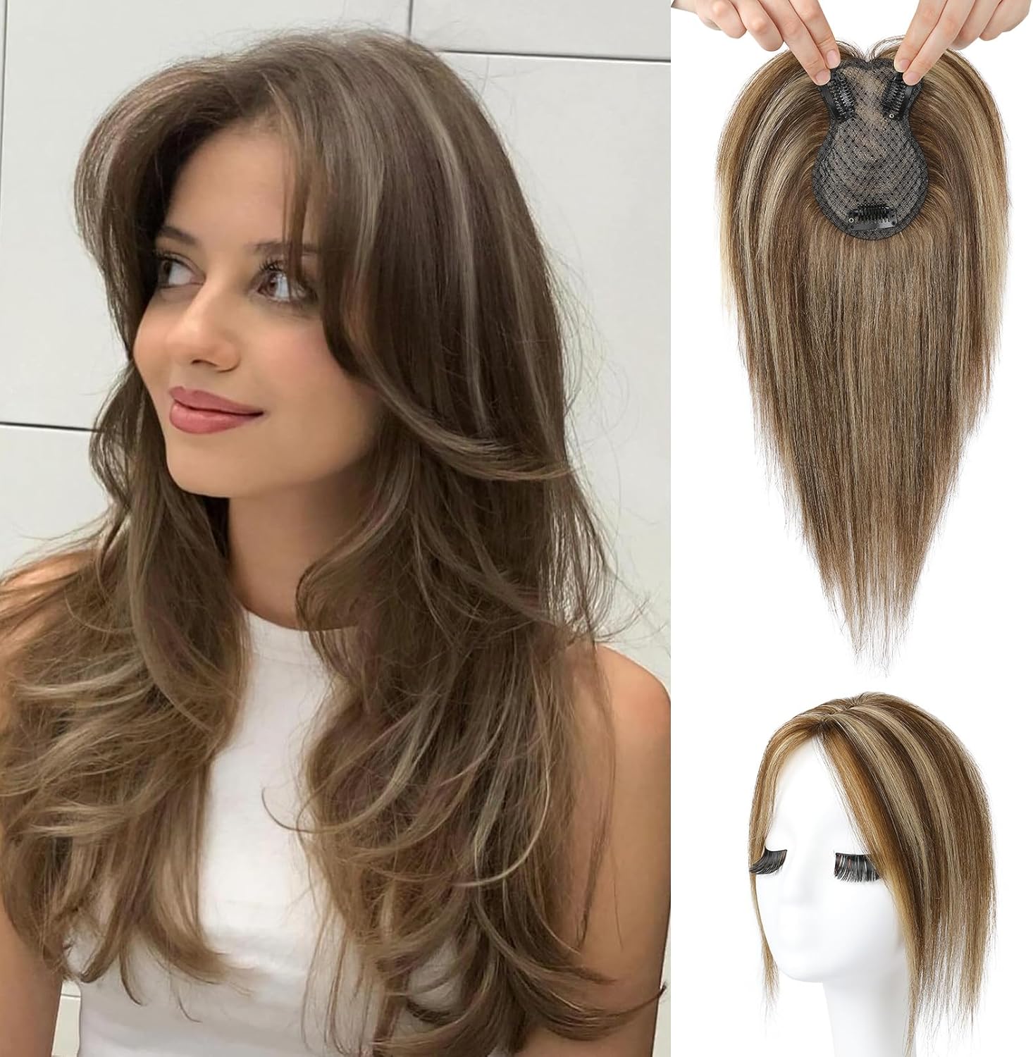 Flufymooz 100% Real Human Hair Toppers for Women, 10 Inch Clip in Human Hair Topper for Thinning Hair, 360 3D Cover Clip in Bangs Natural Hairpiece With 4.5' x 3' Silk Base-Medium Brown with Blonde