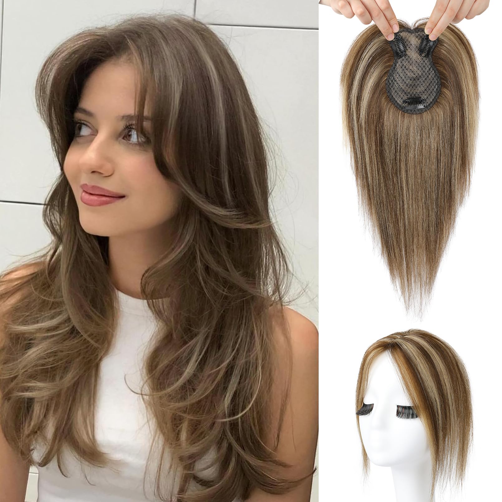 Flufymooz Echthaar-Topper für Frauen, 26 cm Real Human Hair Toppers for Women 100% Echthaar-Topper für dünner werdendes Haarteil 360° 3D Clip-in Pony-Haarteil-Mittelbraun mit blonden Strähnen
