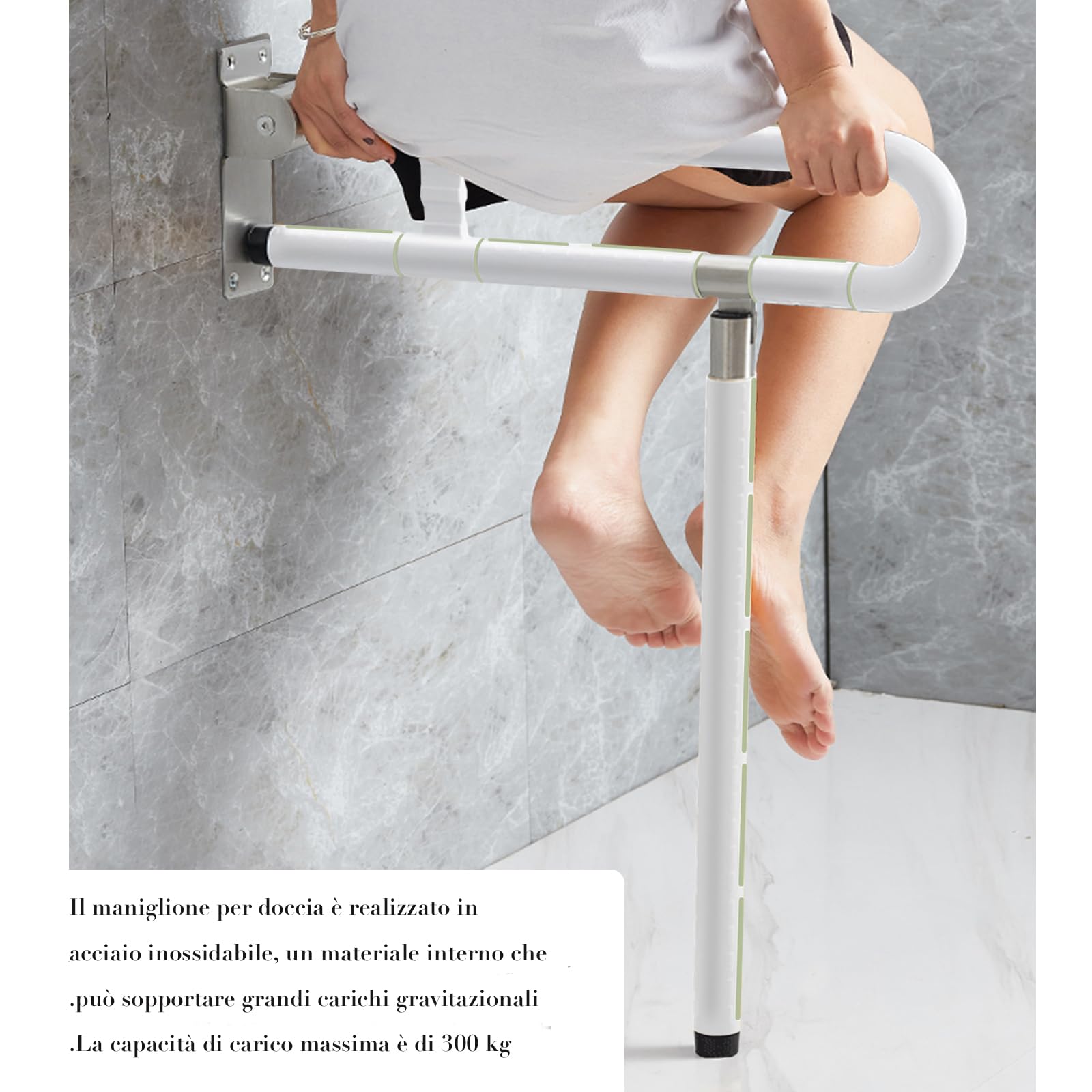 Maniglione Ribaltabile Bagno per WC, Maniglioni per Anziani In Acciaio Inossidabile, Maniglia di supporto da parete per WC, 60 cm, per anziani, disabili, per WC con gambe e WC(bianco,Con stile gamba)