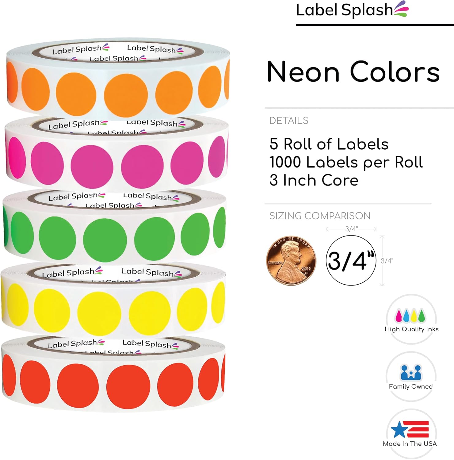 LABELSPLASH .75 Inch Neon Fluorescent Green Red/Orange Yellow & Orange Circle Color Coding Permanent Adhesive Labels 1000 Stickers per Roll Made in The USA 3/4” Circles (Multi Color 5 Roll Pack)
