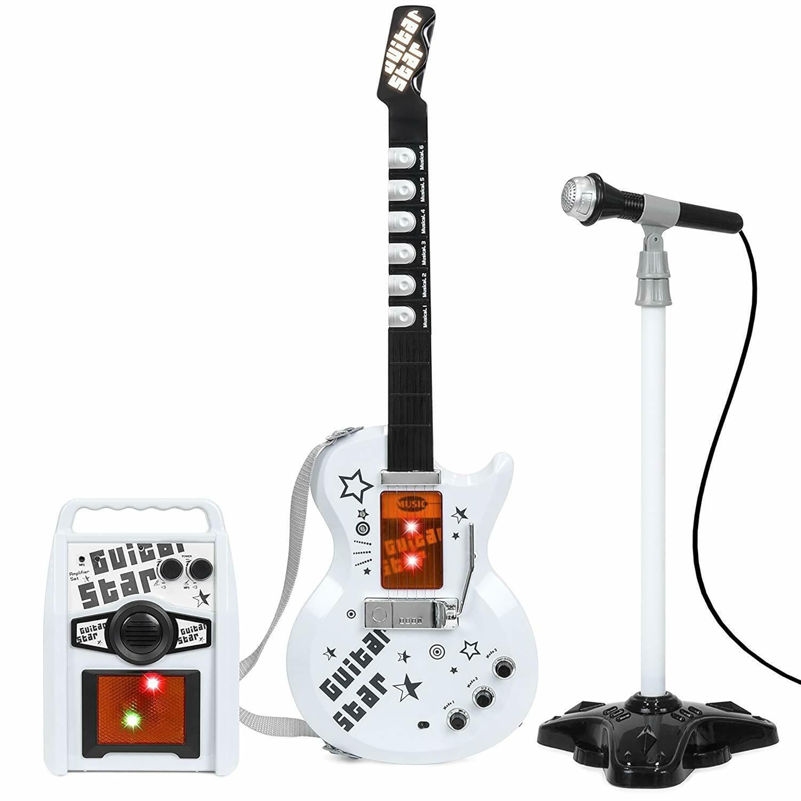 Kids Electric Guitar with Amplifier & Adjustable Microphone Stand - 6 String Musical Instrument with Flashing Lights & Melodies - Rock Star Music Toys for Boys & Girls Aged 3+
