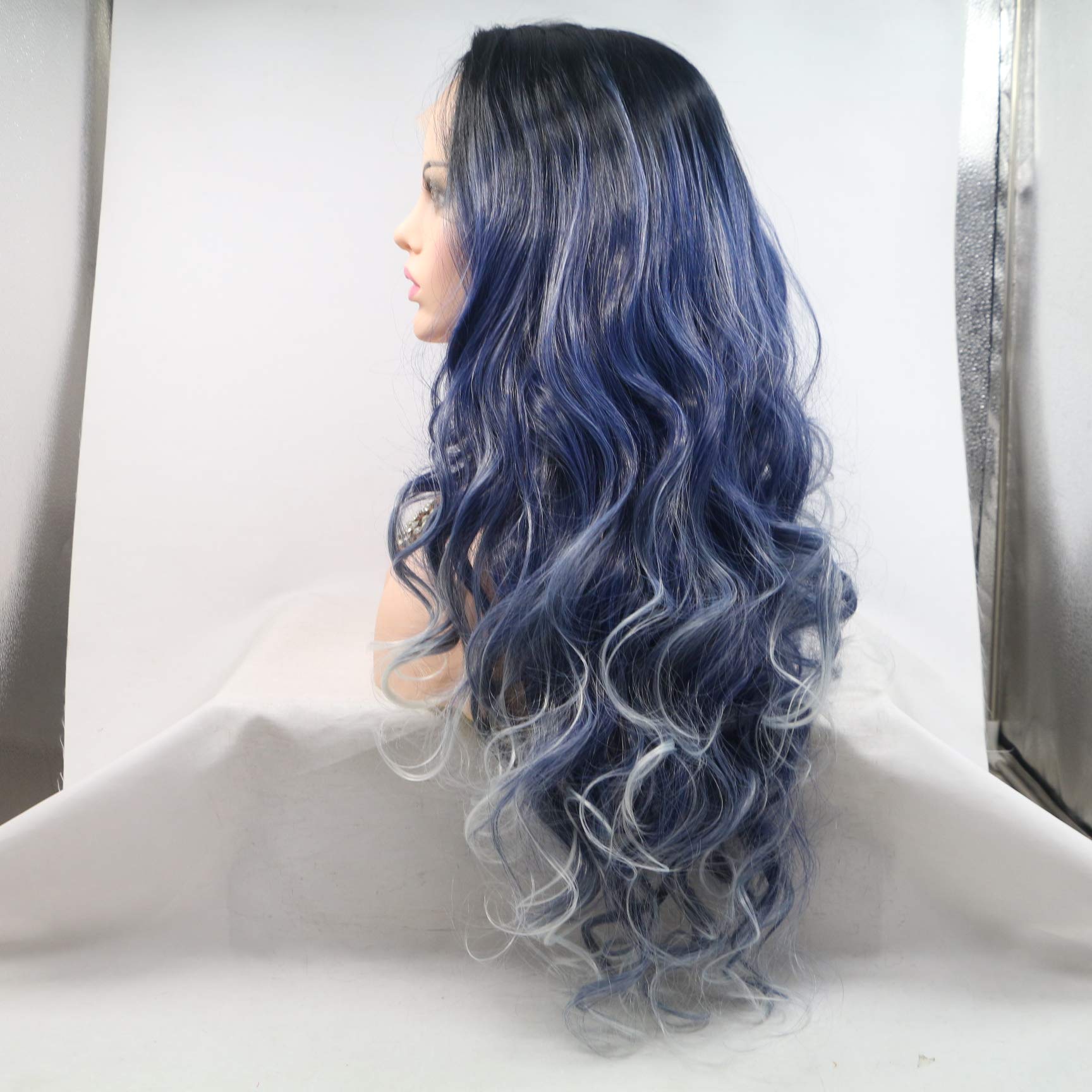 Xiweiya Ombre Blue Blonde Lace Front Wigs with Dark Roots Long Curly Wave Synthetic 13x4 Lace Front Wigs Blonde Tips Heat Resistant Fiber Hair 180% Density Wig For Women 26inch - Image 3