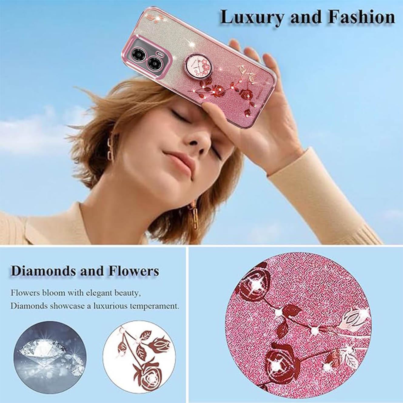 YUECXIN Cover Glitter per Motorola Moto E14/Moto G24/Moto G04, Trasparente Bling Brillantini Donna Custodia, Ultra Sottile Molle Antiurto TPU Silicone Fiori Anello Supporto Case. Viola
