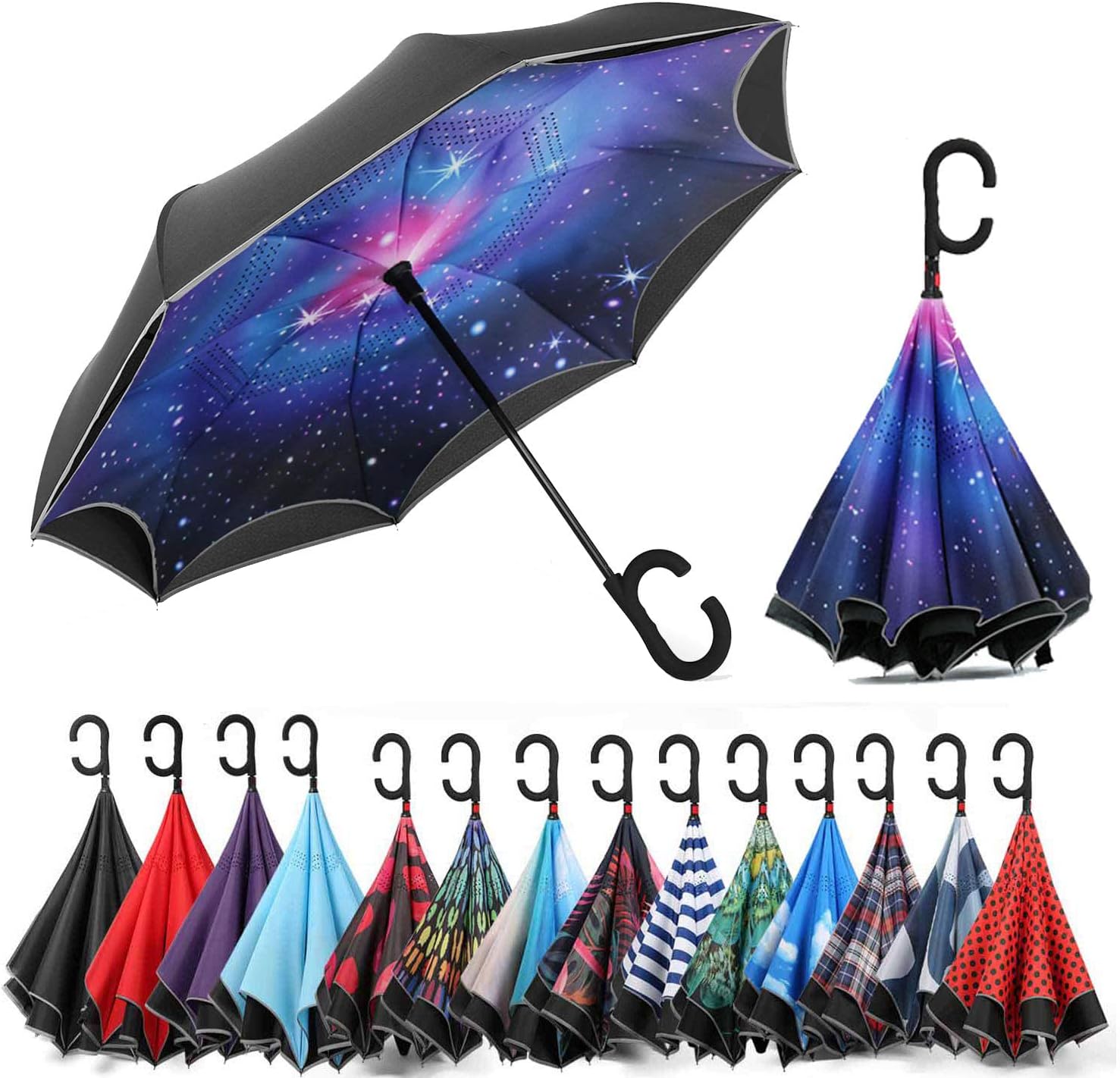 Siepasa Auto-open Reverse Umbrella, Umbrella Windproof, Inverted Umbrella, Umbrellas for Women with UV Protection, Upside Down Umbrella with Safe Reflective Stripe(the Galaxy)
