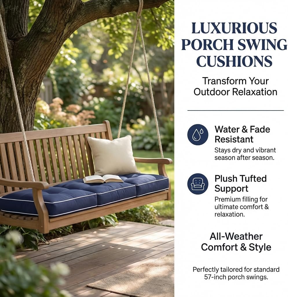 3 Seat 57 Inches Outdoor Porch Swing Cushions,Water-Resistant Tufted Patio Swing Replacement Cushions