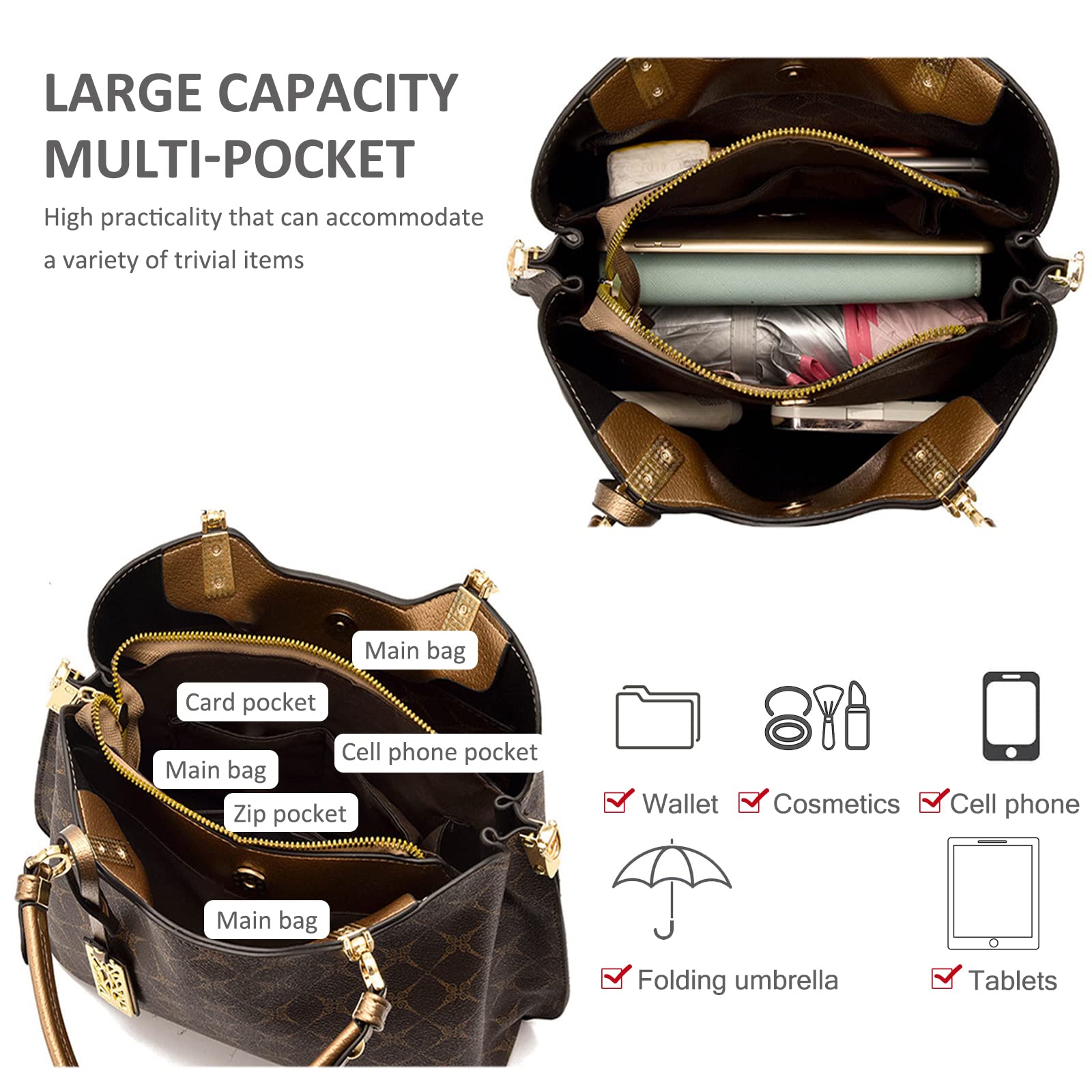 NICOLE & DORIS Frauen Handtasche Elegante Taschen für Damen Modern Tote Bag Mittelgroß Umhängetasche PU Leder Shopper Schultertasche mit Anhänger Bronze