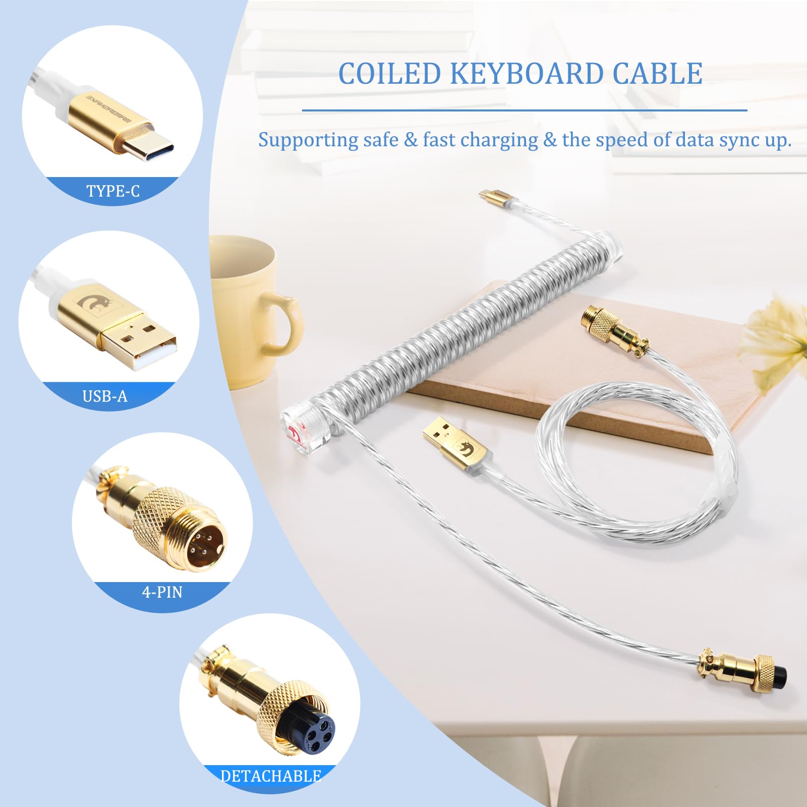 MAMBASNAKE Custom Spiral Tastaturkabel und Aviator Cable Winder Set – Aviator Cable Fixed Rod Acrylic Gewichtsstange + Spiral USB-C-Kabel mit Abnehmbar Luftfahrtstecker von Gaming-Tastaturen - Klar - 4