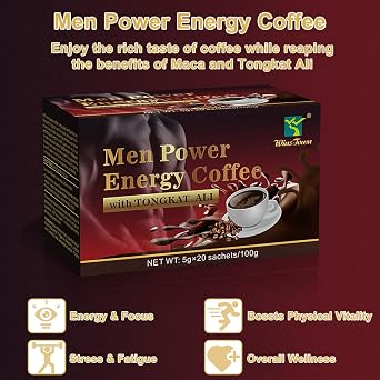 Maca Coffee for Men, Herbal Energy Coffee with Tongkat Ali, 20 Sachets | Instant Black Coffee Blend with Maca, Tongkat Ali, Ginseng & Epimedium