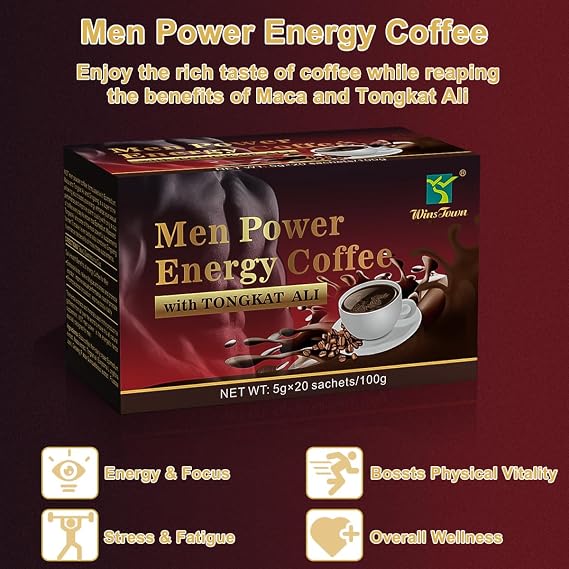Maca Coffee for Men, Herbal Energy Coffee with Tongkat Ali, 20 Sachets | Instant Black Coffee Blend with Maca, Tongkat Ali, Ginseng & Epimedium