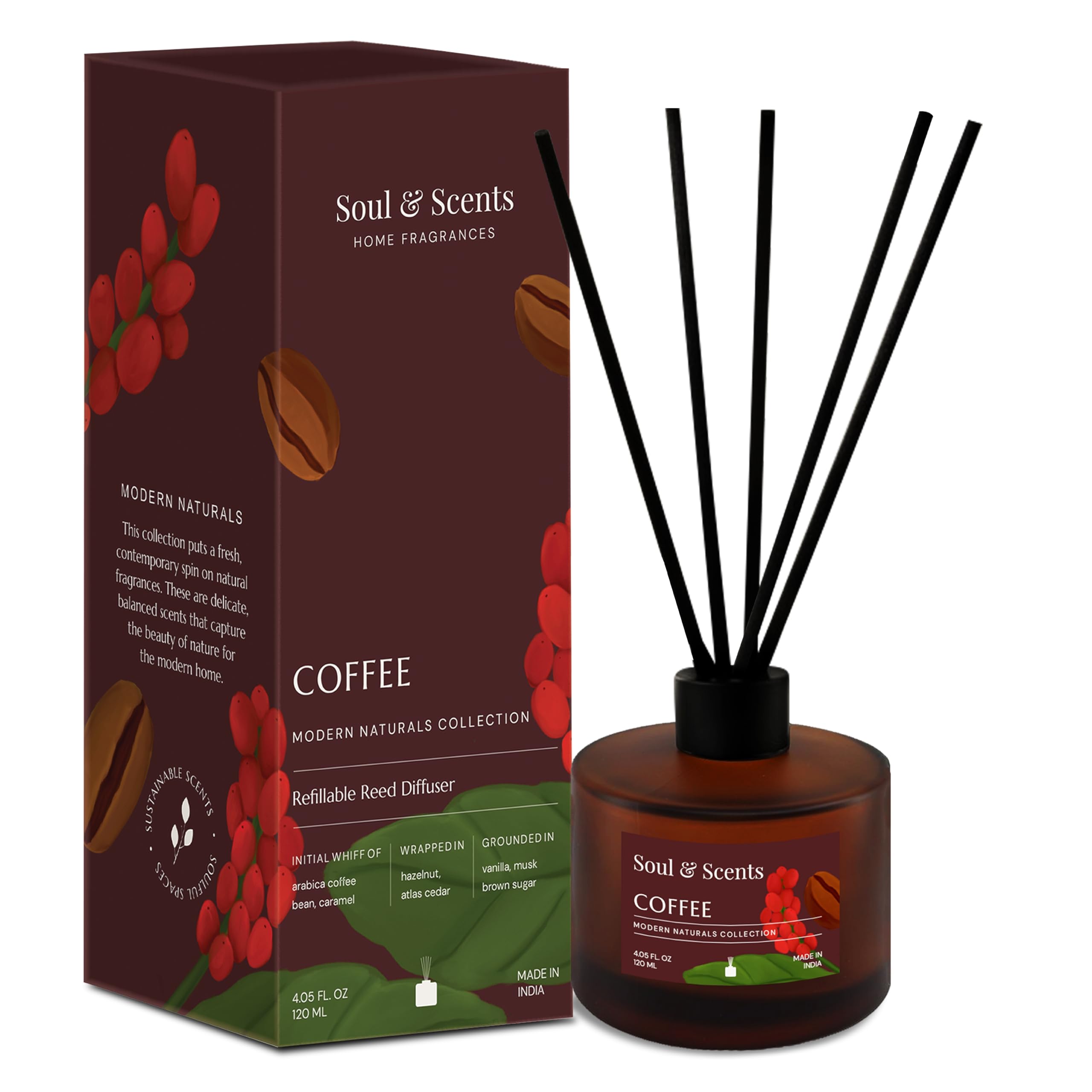Soul & Scents 120ml Premium Coffee Reed Diffuser Set | Free 6 Fiber Reed Sticks | Toxin Free & Stress Relief | Long Lasting | Smoke Less Room Freshener for Home, Bedroom & Office | Ideal for Gifting