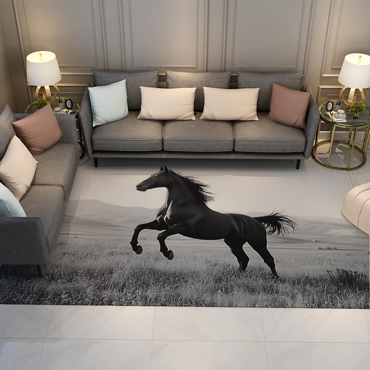 Tapis d'art chevaux design noir et blanc doux lavable 200x300cm