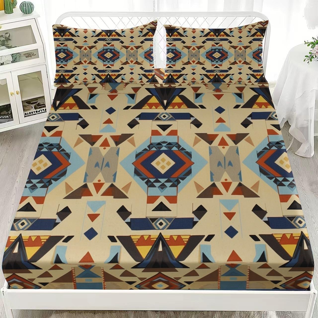 Tribal Style Single Fitted Sheet Geometric Bed Sheets Deep Pocket 12 inch (30 cm) Soft Cozy 3 Piece Microfibre Bed Sheet 90x190 cm with 2 Pillowcases 50x75 cm