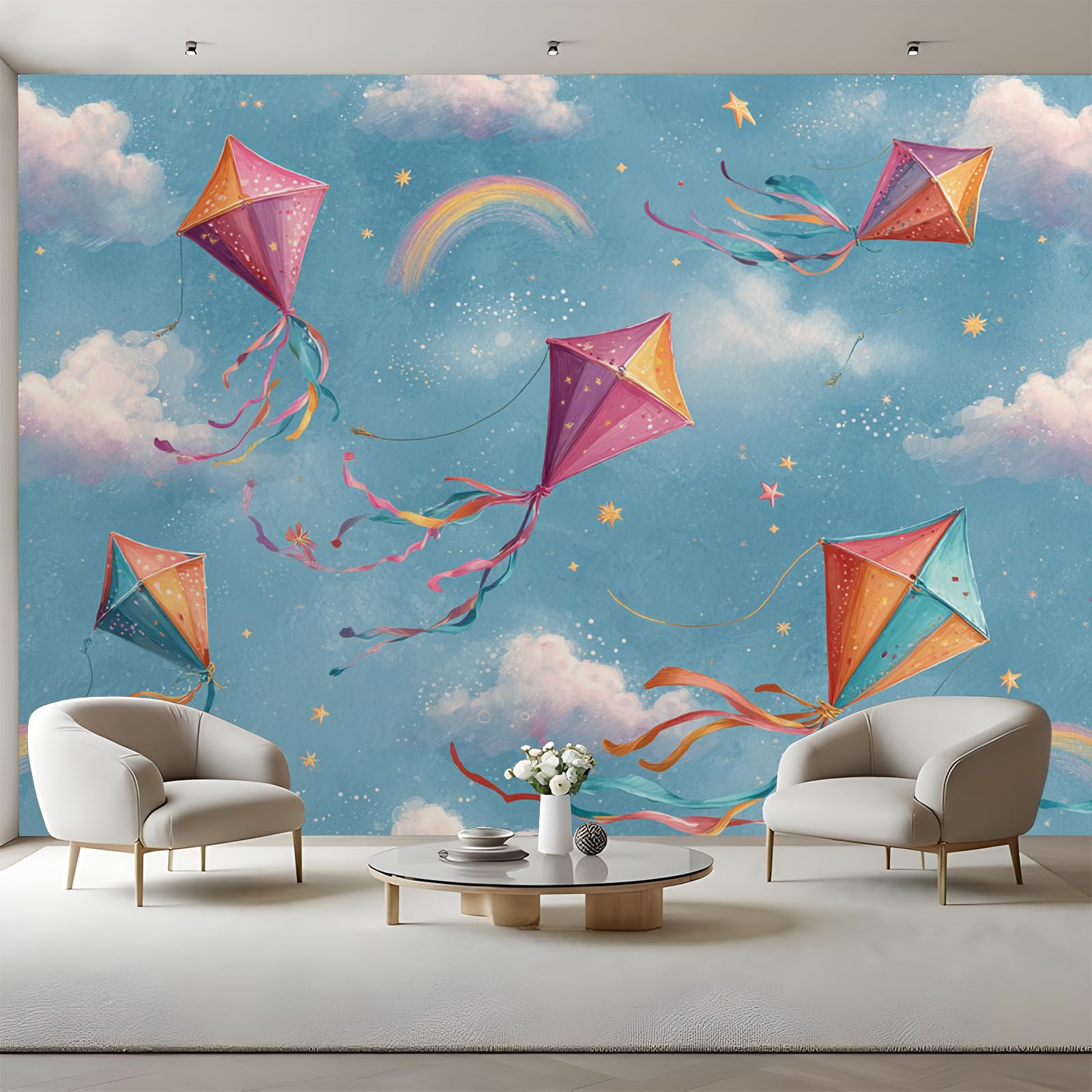 Papier Peint Enfants Bleu 350x256 cm, Fresque Autocollante de Cerfs-Volants en Toile Canvas pour Chambre