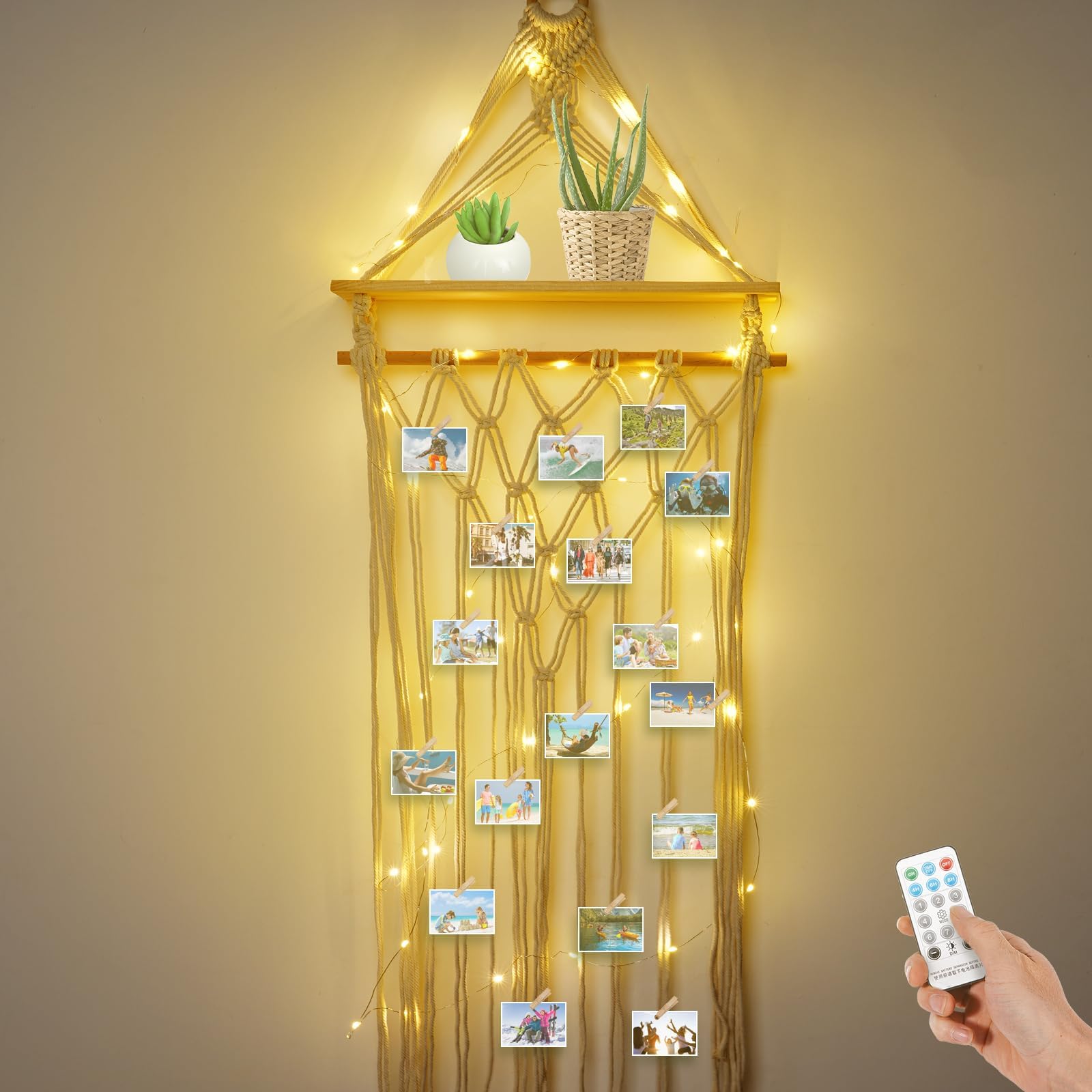 FRTIM Macrame Photo Display Wall Hanging - Boho Decor With 30 Wood Clips, Picture Holder For Dorm & Bedroom