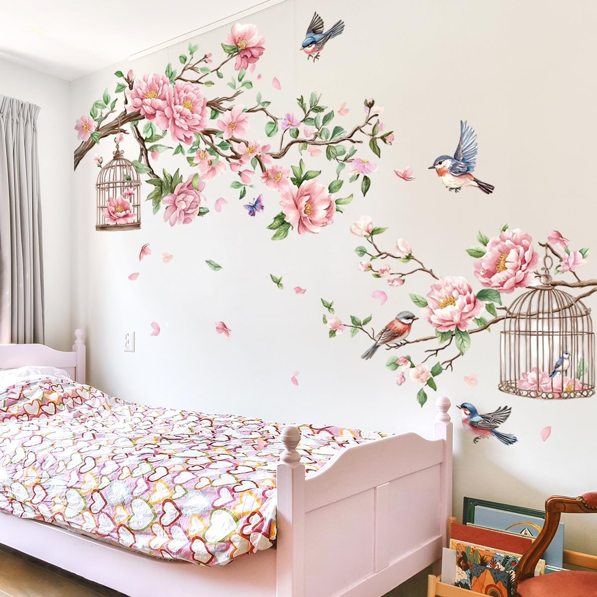 Rosa Kirschblüten Wandtattoo mit Vögeln und Vogelkäfigen, großer floraler Wandaufkleber, 150 x 125 cm