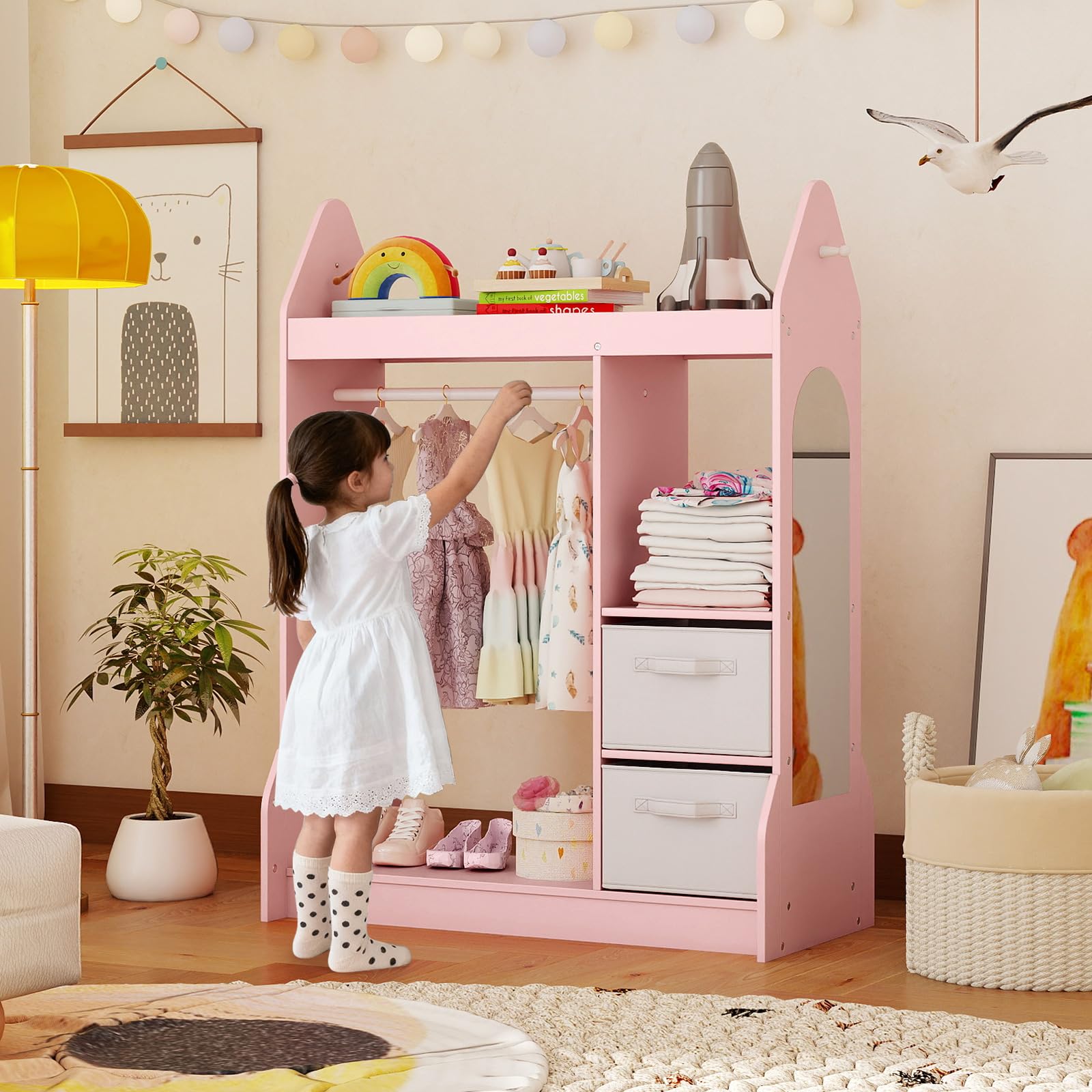 COSTWAY Guardaroba per Bambini, Armadio Gioco con Specchio Appendiabiti, Cassette in Tessuto Pieghevoli, Organizer per Stanza e Camera da Letto, 81 x 38 x 107 cm (Rosa)