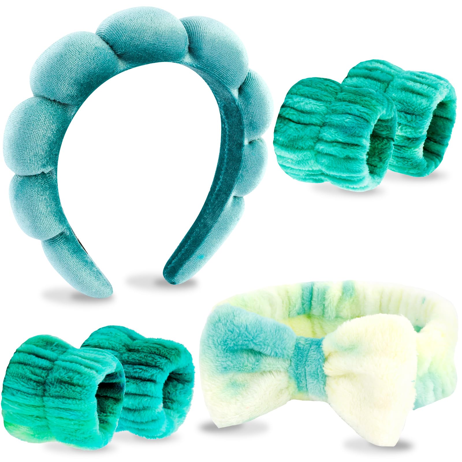 VELSCRUN Fascia per capelli da spa, per il lavaggio del viso e la cura della pelle, 6 pezzi, verde colorato, papillon in spugna per prepararsi, set di braccialetti per il viso, roba per ragazze e