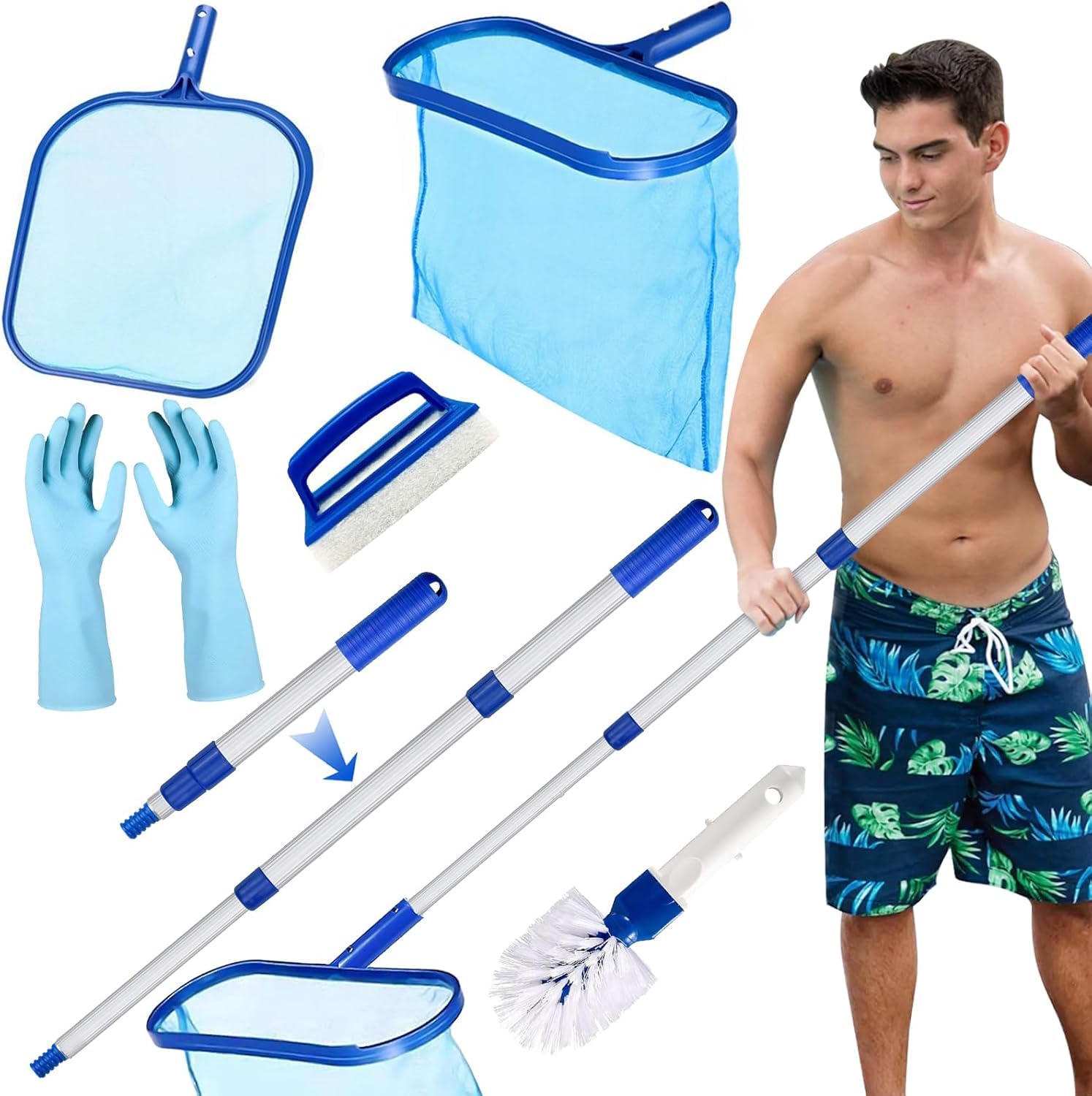 Kit de Piscine Nettoyage, Épuisette de Surface Piscine et Epuisette Piscine Fond, Filet de Piscine Maille Fine avec Manche Télescopique en Aluminium, pour Piscines, Spas, Fontaine, Étang - 1