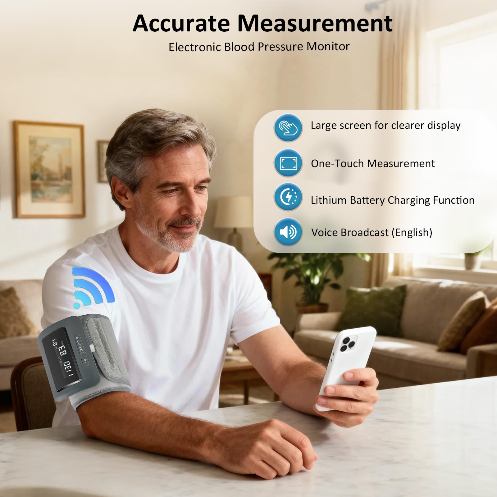 Monitor de presión arterial inteligente para brazo con guía de voz – Monitor digital con batería recargable y brazalete – Ideal para usar en casa y fuera de ella