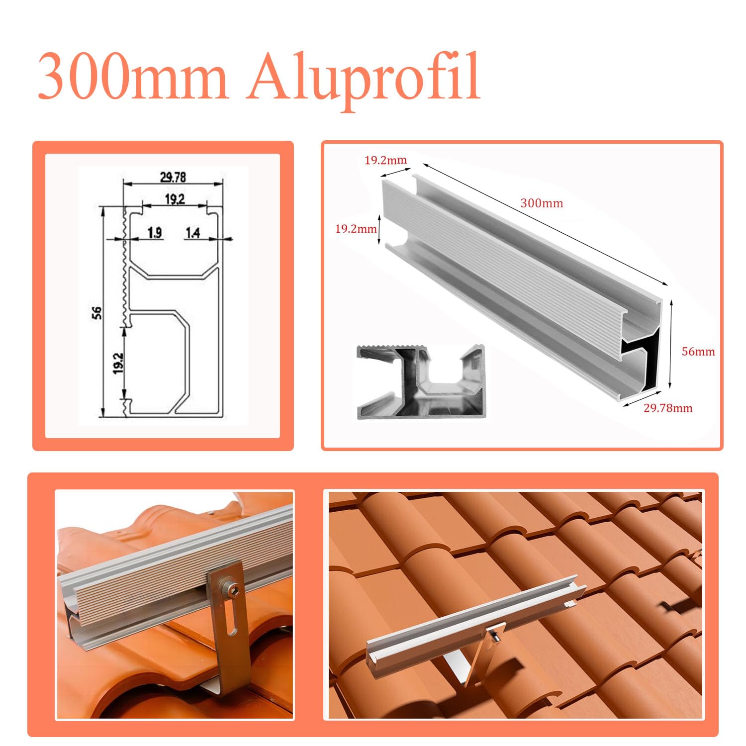 Photovoltaik Ziegeldach Befestigungssystem,Solar Alu Halterung Befestigung Schiene Dachhaken PV für 4 Module,Solarmodule Halterung Montageschiene Set für Solar Panel Verstellbar 30-35MM Dick