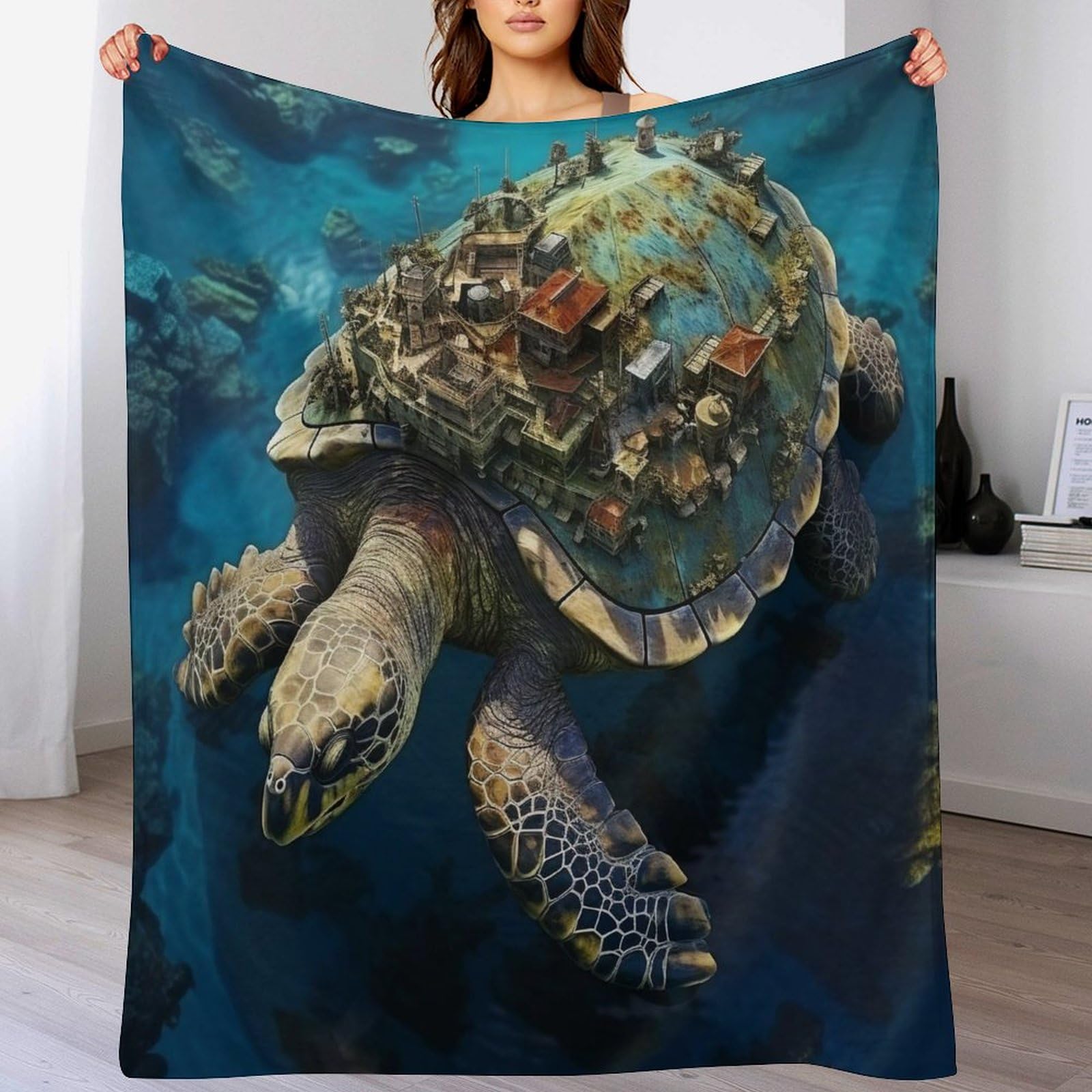 Couverture lit ou canape tortue marine motif ocean pour soiree cocooning