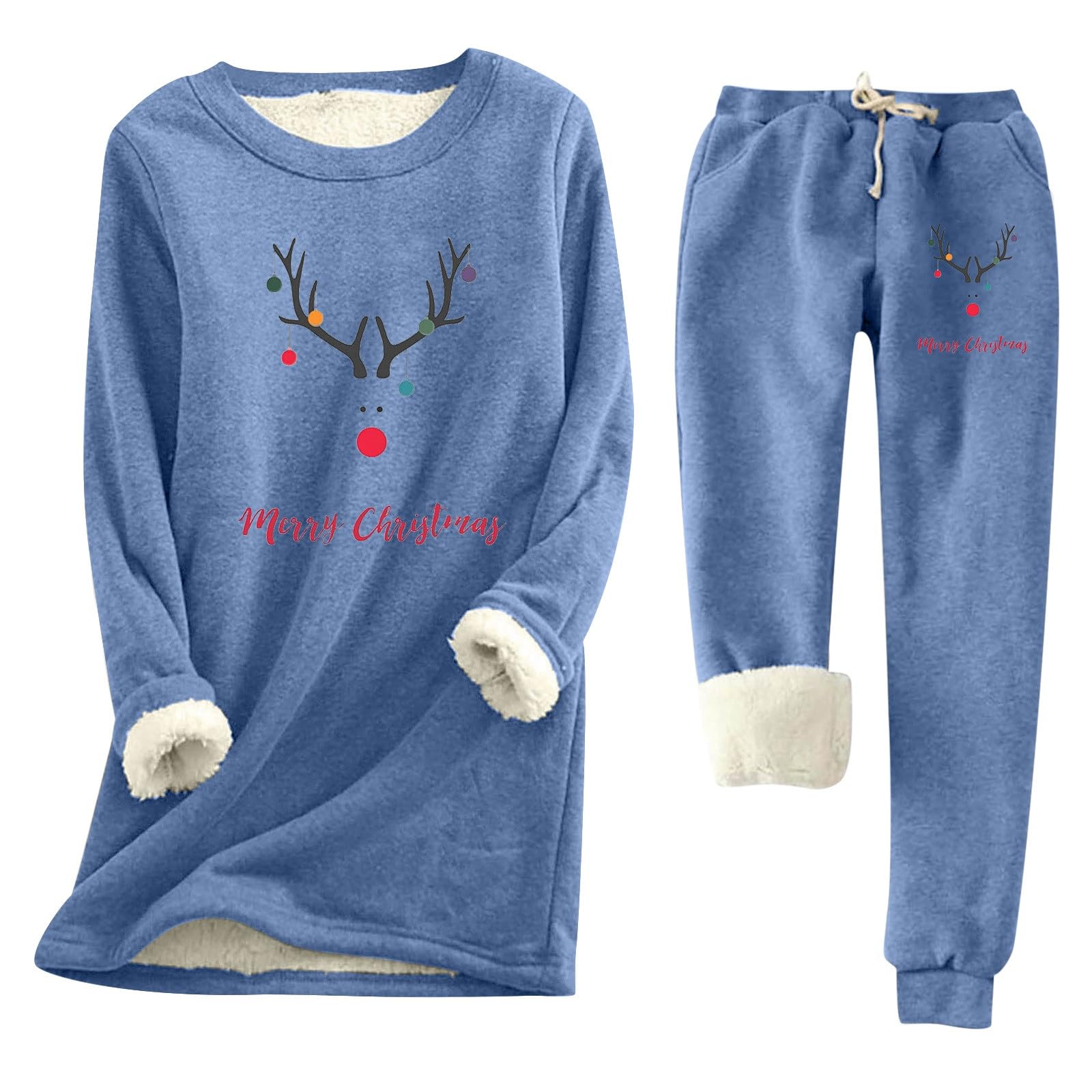 Completo pantaloni in pile con stampa natalizia da donna (Blue #1, XL)