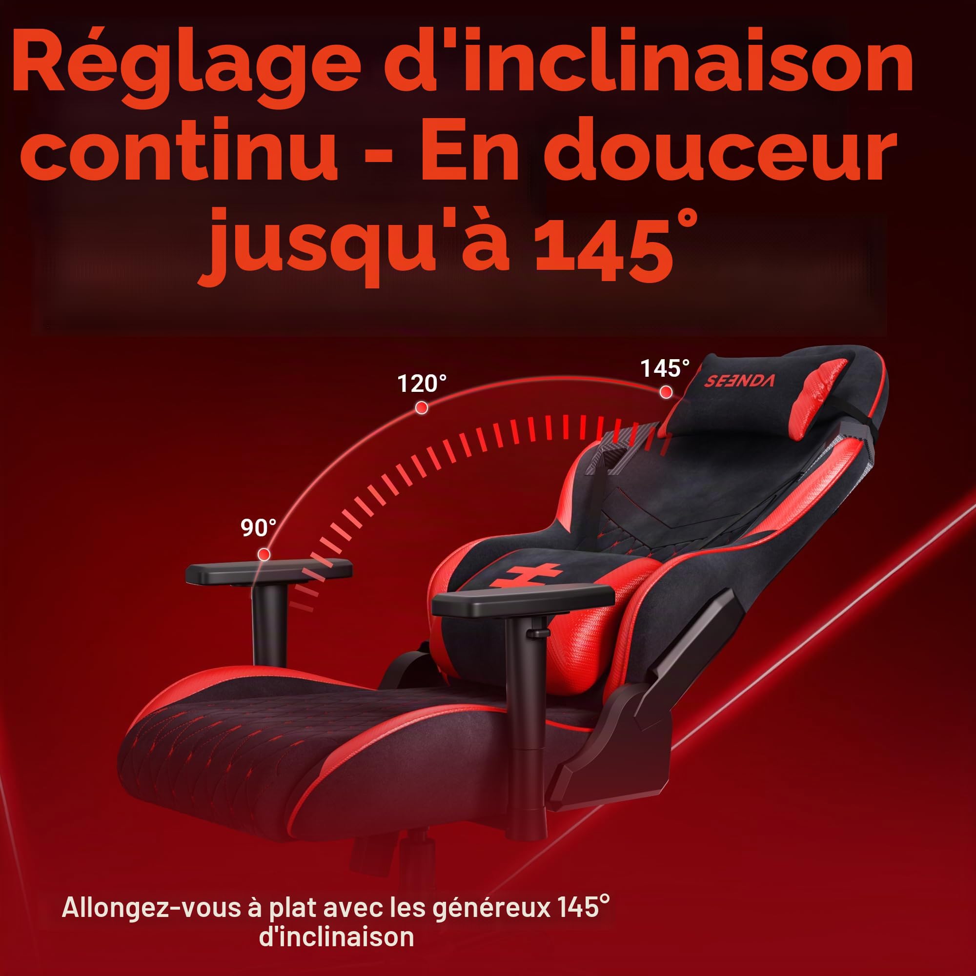seenda GCPro-20 Chaise Gaming Ergonomique, Fauteuil de Bureau Gaming, Dossier Inclinable 145°, Réglable avec Appui-Tête & Coussin Lombaire, Charge 181 kg, Noir et Rouge
