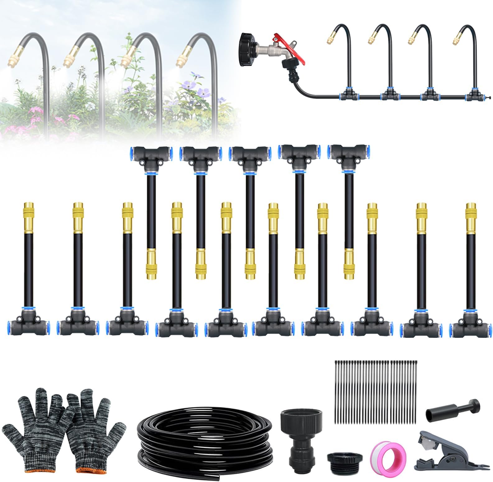 Automatic Drip Irrigation Kit, Complete Garden Watering System with 5/10/15PCS 360°Adjustable Brass Sprinklers, Hose & Cutters - Drip Irrigation System for Garden, Outdoor, Lawn, Easy DIY Kit (15M)