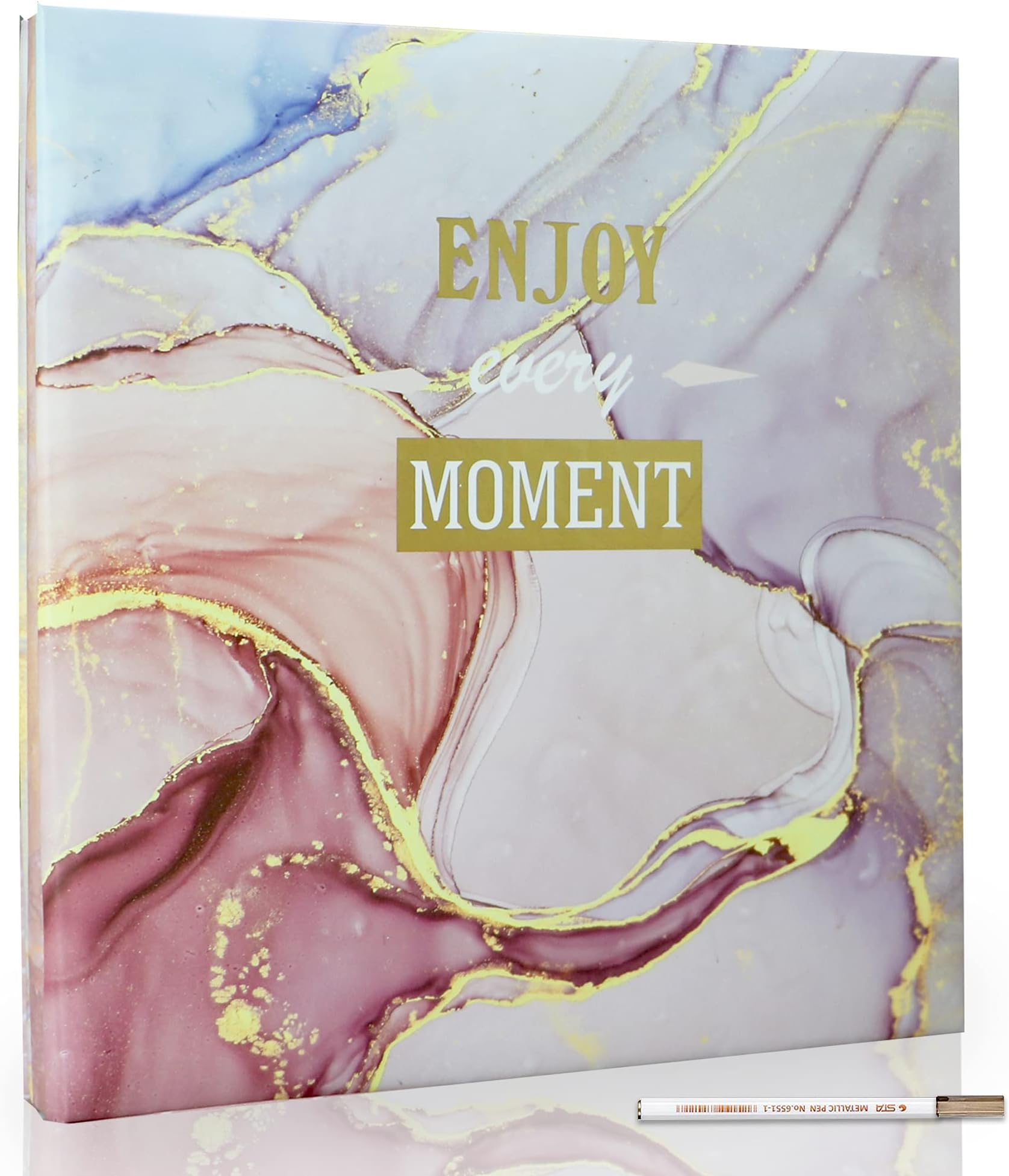 Holoary Photo Album with Metallic Pen Self Adhesive 4x6 5x7 3x5 8x10 Scrapbook Magnetic Self-Stick Page Hand Made DIY Scrapbook Album, Printed Book Cover Marble design for Wedding Holiday Memory